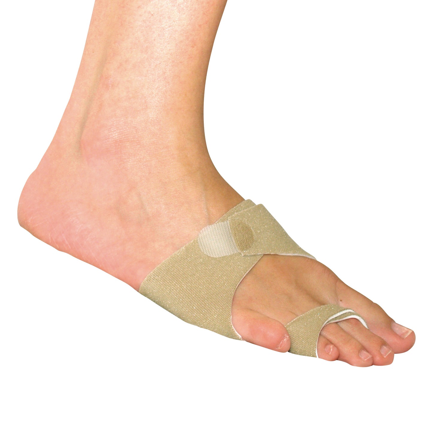 A foot wearing a Metatarsal Protection Jacket Wrap with toe loops and a strap, providing support and comfort.
