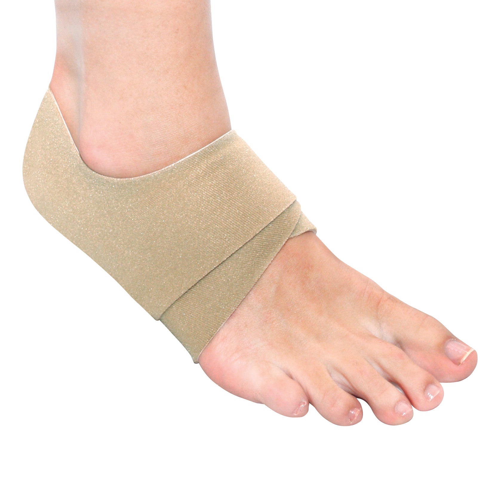 A foot wearing a beige Tarsal Support Wrap, providing compression around the ankle and arch for stability and support.