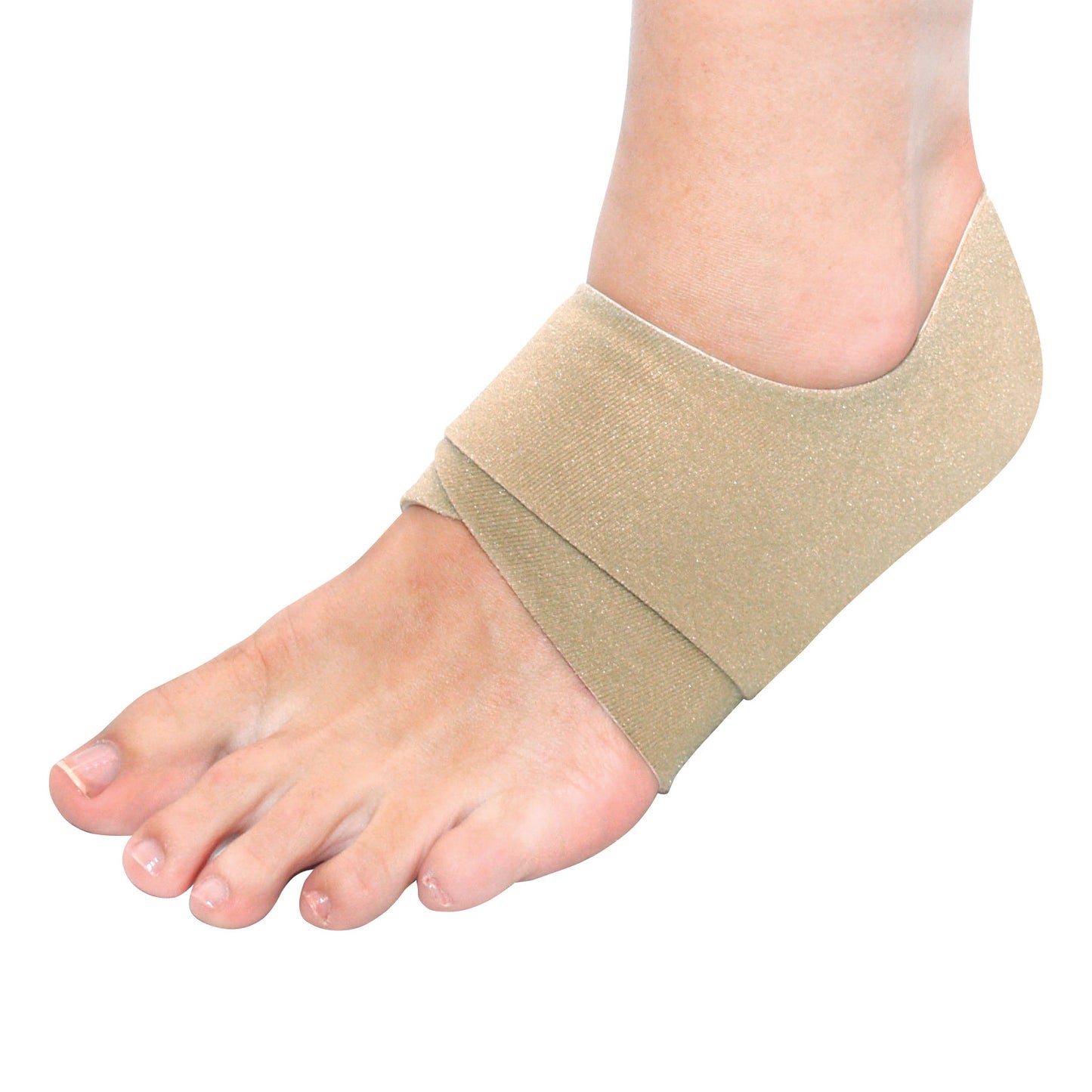 A foot wearing a beige Tarsal Support Wrap tightly fitted around the ankle for support.