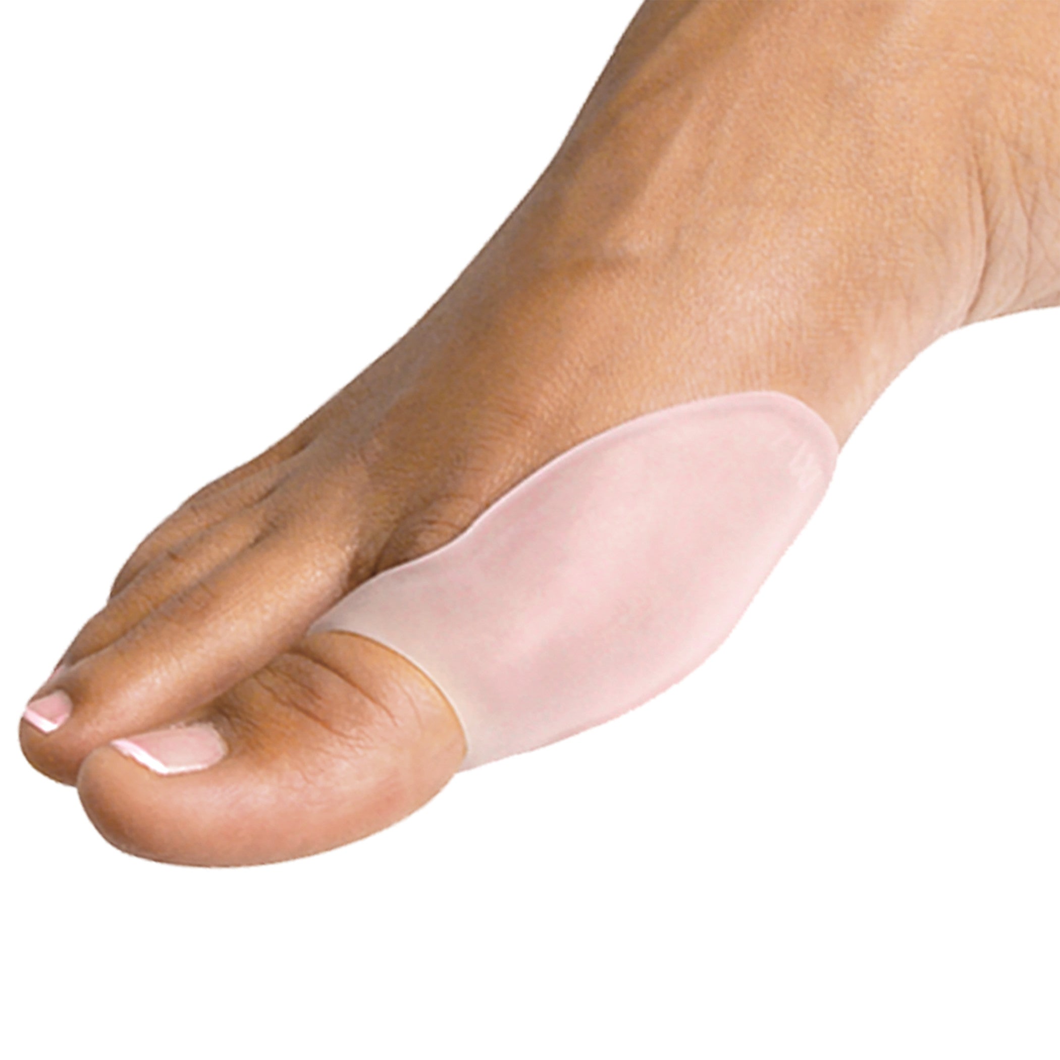 A bare foot with a PediFix Visco-GEL Bunion Guard covering the side of the big toe, designed to cushion and protect bunions.