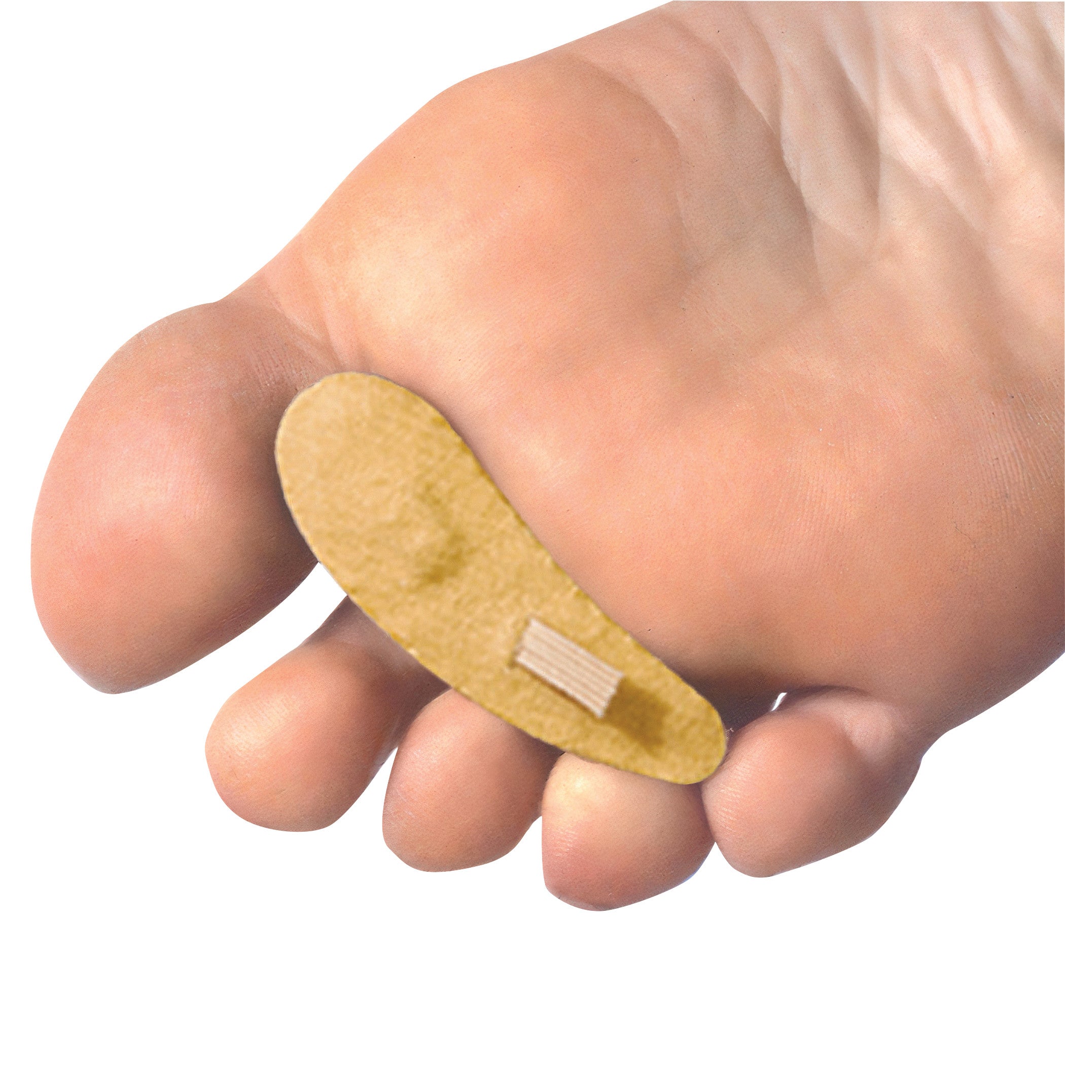 A foot with a PediFix FELTastic Hammer Toe Cushion on the middle toe, offering support and cushioning.