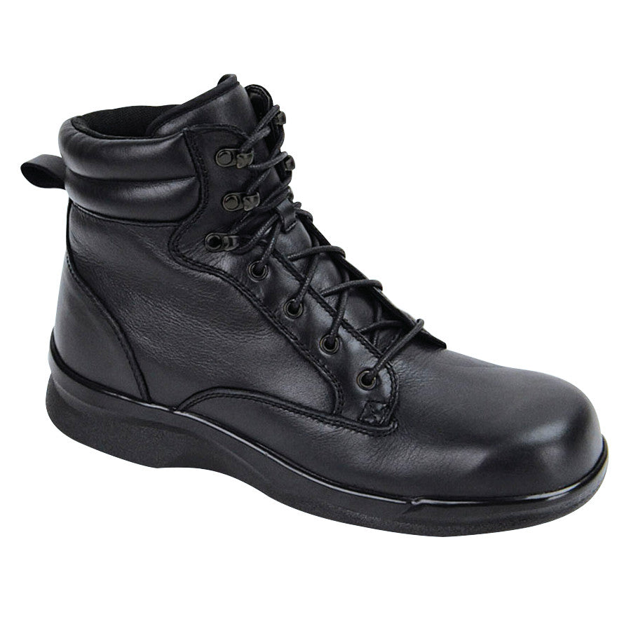 Apex Men's Biomechanical Lace-Up Boots in black leather with cushioned collar and lace-up design, featuring sturdy sole.