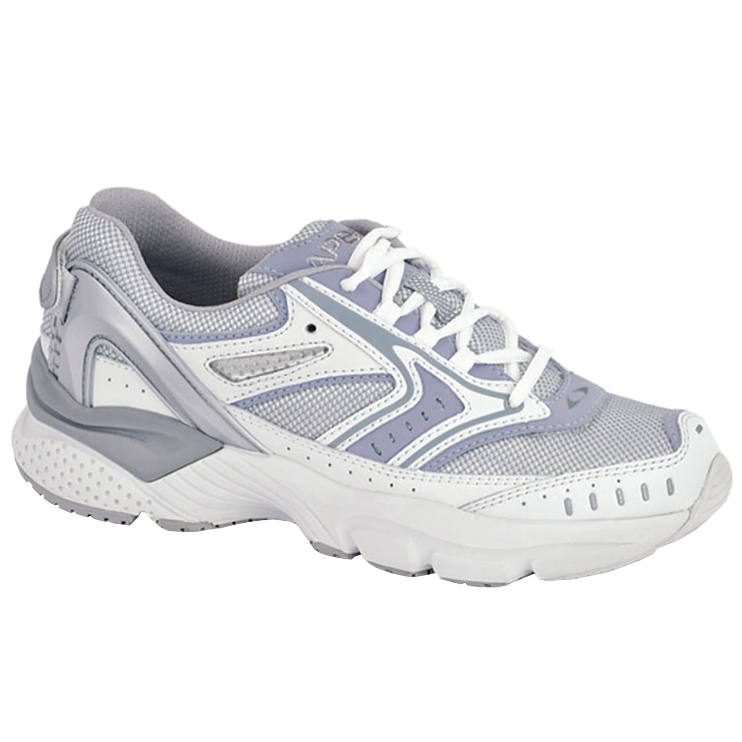 A gray and white sneaker with mesh panels and curved designs. It is the Apex X-Last Women's Reina Runner Athletic Shoe.