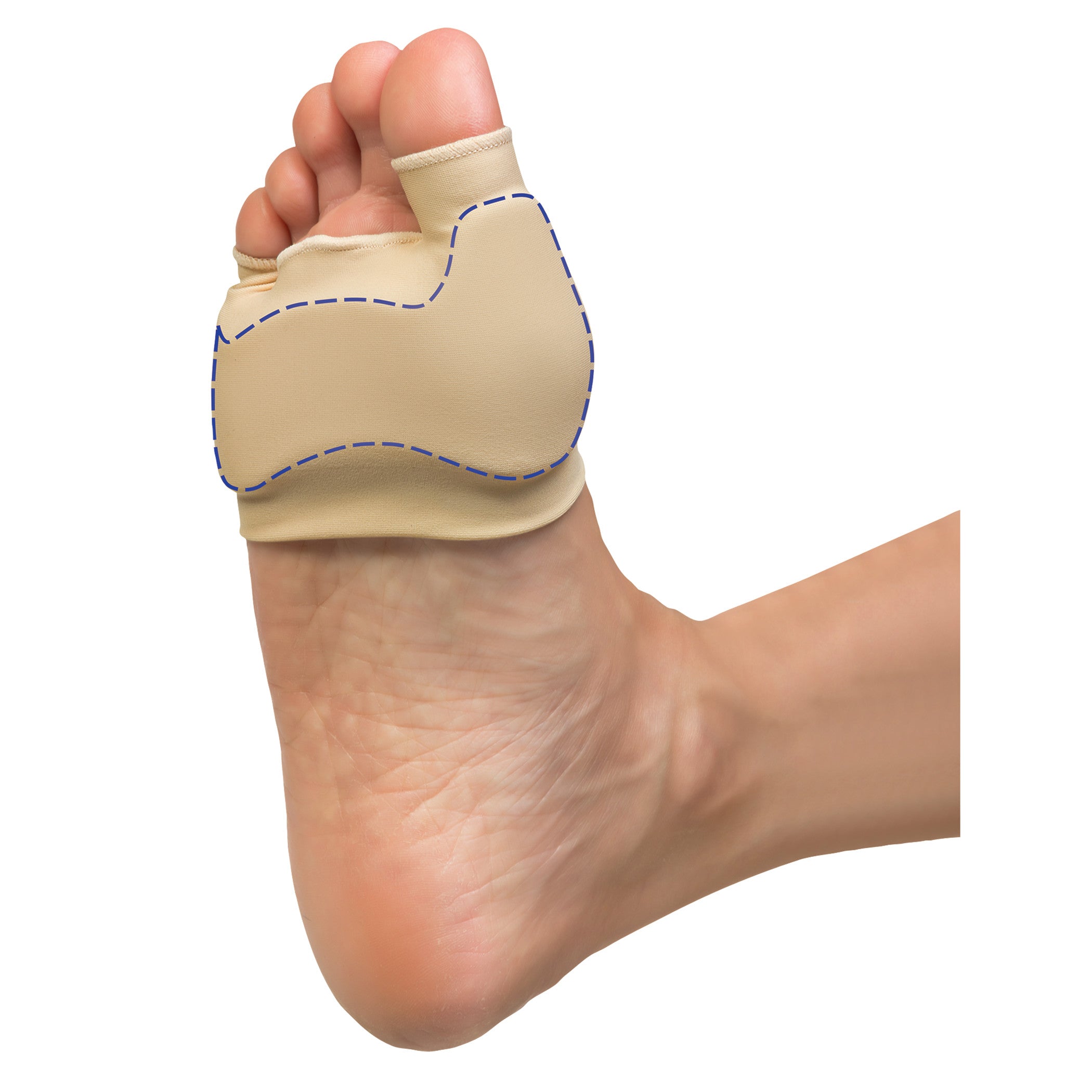 A foot wearing a PediFix Visco-GEL Bunion and Met Protection Sleeve, covering the bunion area for support and pain relief.