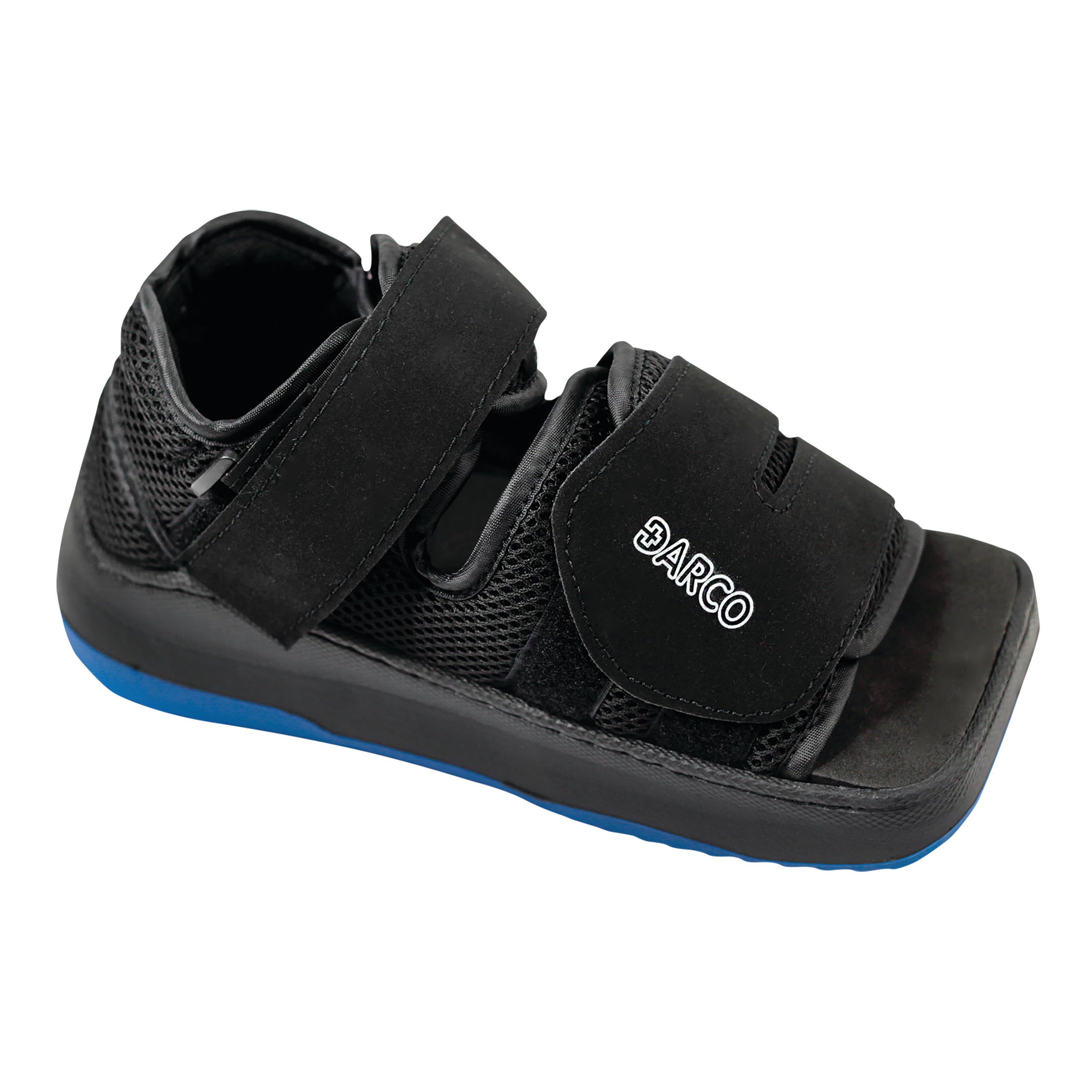 A DARCO MedSurg DUO post-op shoe, featuring a black design with straps and a blue sole.