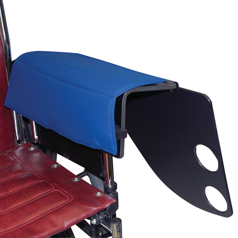 SkiL-Care Flip-Top Tray with Cup Holder attached to a wheelchair, with a blue padded cover and a red leather seat.