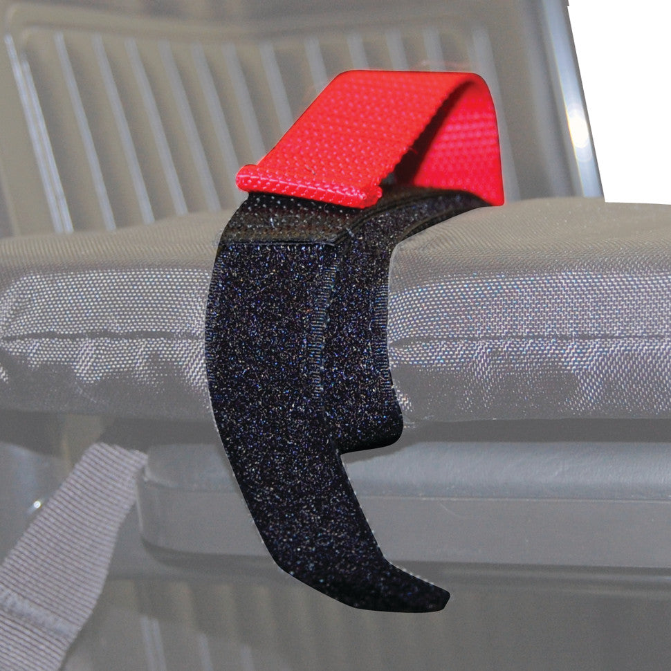 Close-up of a SkiL-Care Removable Wheelchair Lap Tray Strap Replacement Set featuring a red and black hook-and-loop fastener.