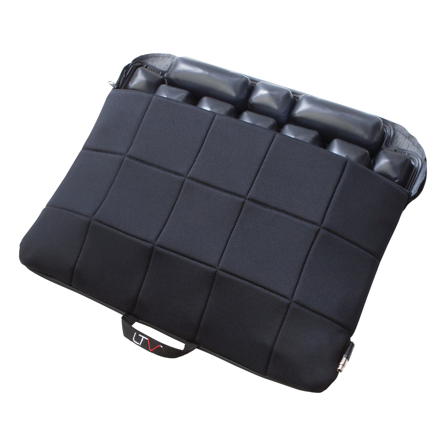 ROHO LTV Seat Cushion/Car Cushion featuring a black fabric cover with grid pattern and visible air cells on one side.