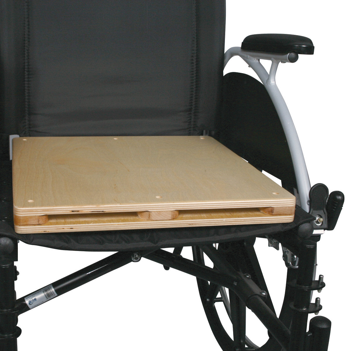 A wheelchair with the AliMed Unpadded Amputee Support Surface featuring a wooden platform and cushioned stump support.