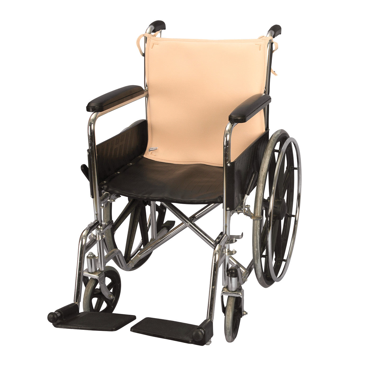A wheelchair with a DermaSaver Pressure Reduction Pad on the backrest, featuring a metal frame and black seat, and footrests.