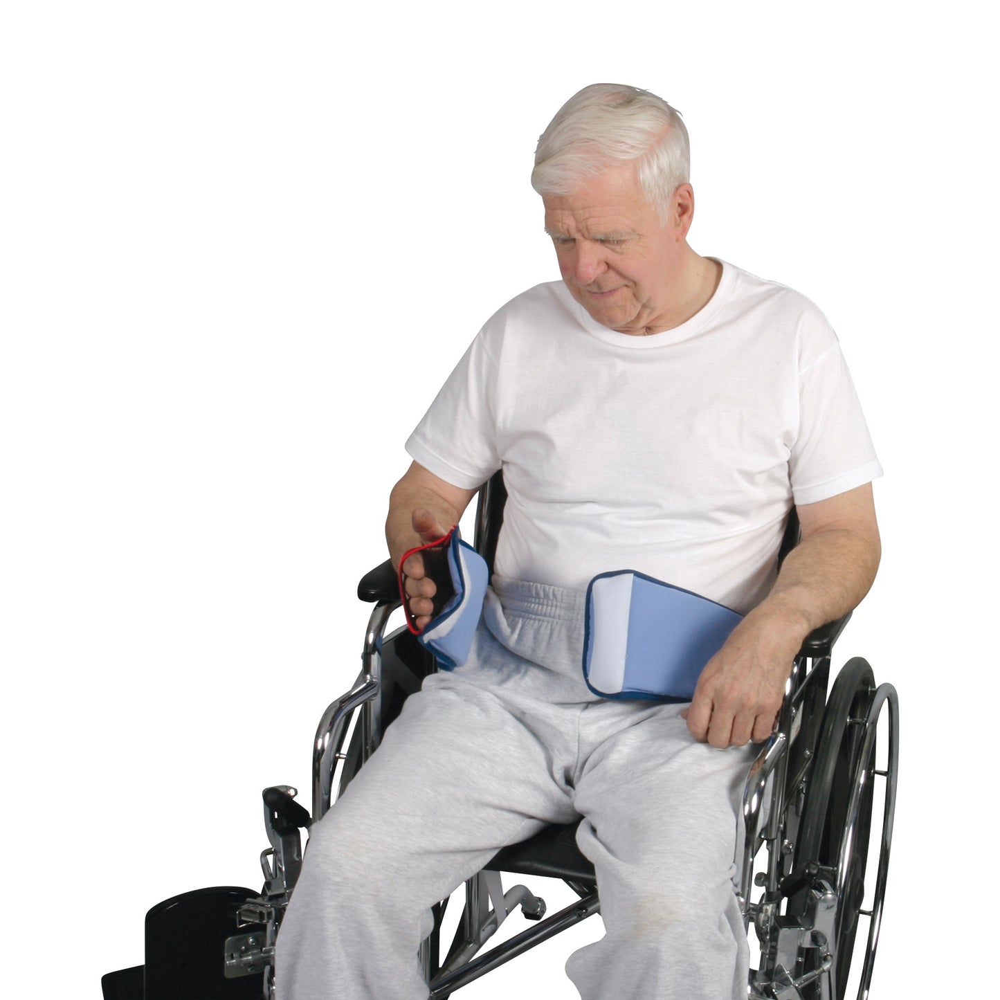 An elderly man in a wheelchair wears the AliMed Restraint-Free Cushioned Lap Belt, providing comfort and safety.