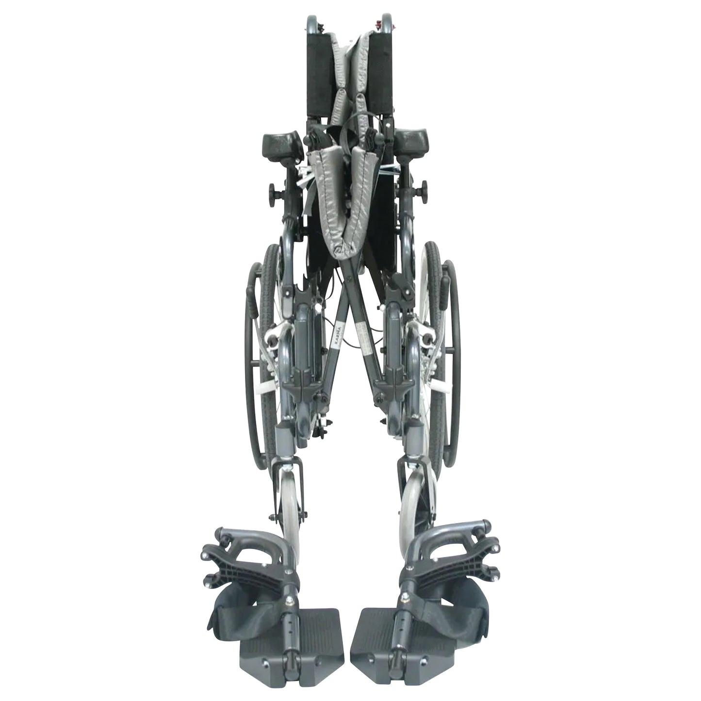 The Karman VIP Series 515 Tilt-in-Space Wheelchair is folded, showing its footrests, wheels, and padded seating from a front view.