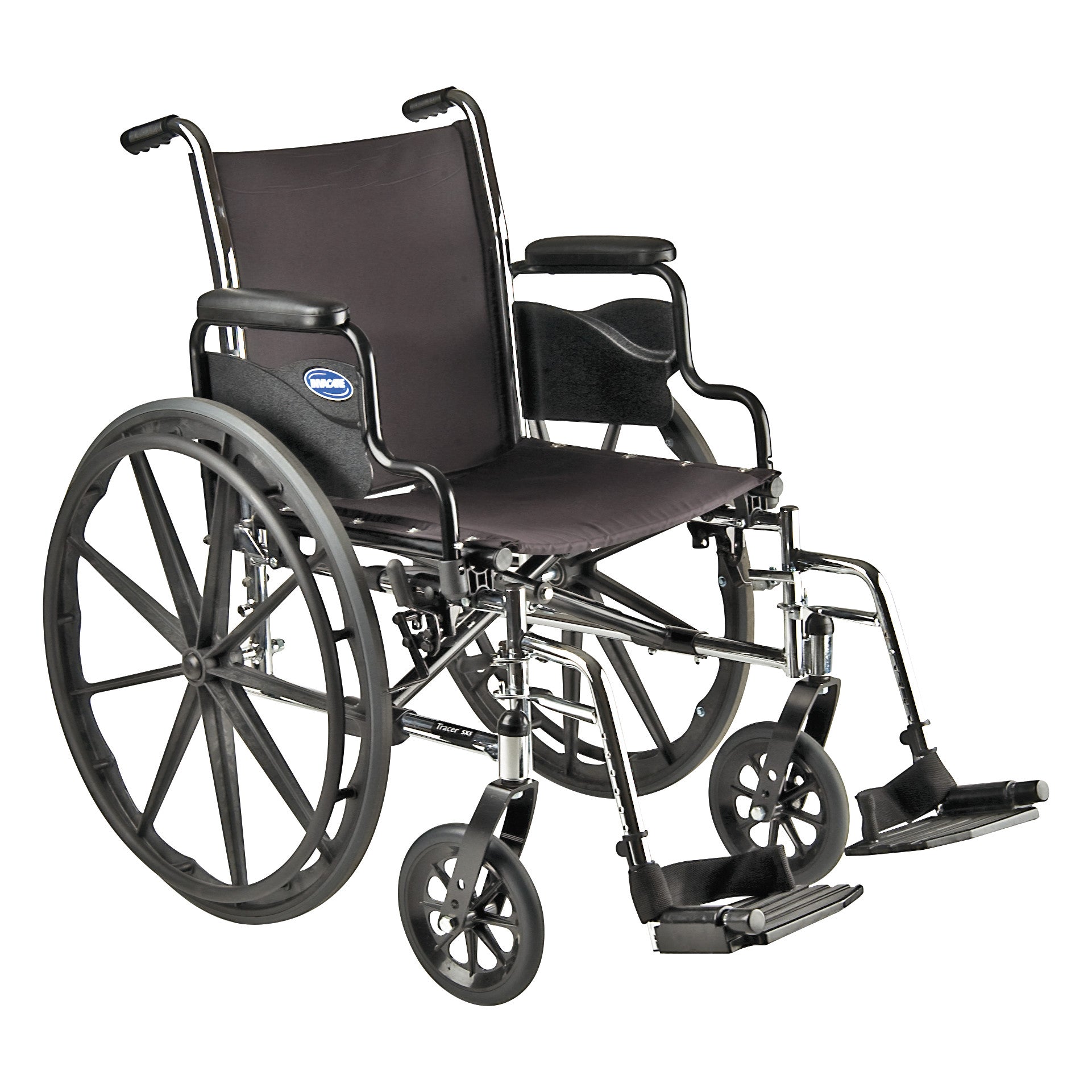 Invacare Tracer SX5 Wheelchair with Full Arms features a black seat, large rear wheels, and footrests on a metal frame.