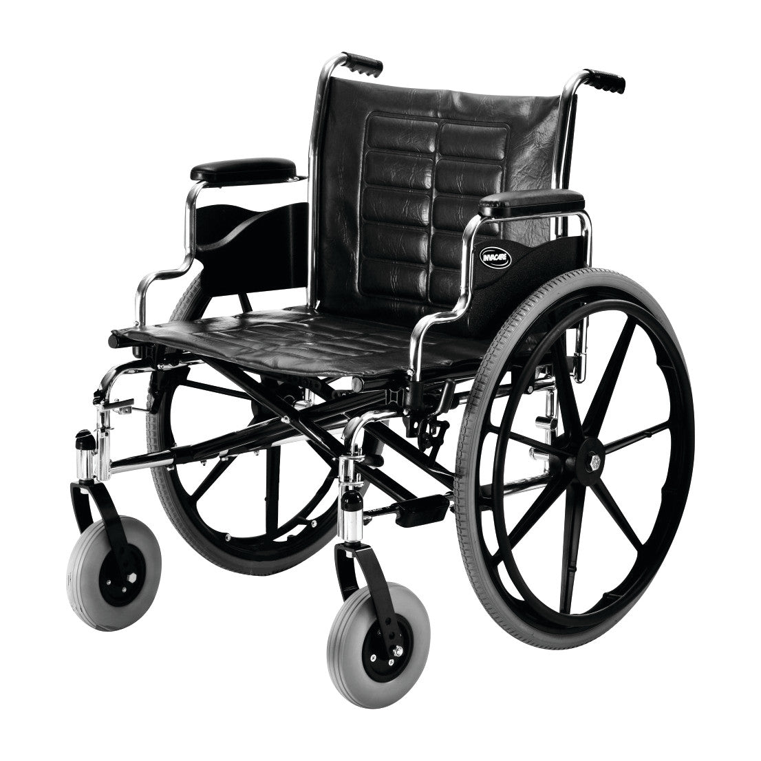 The Invacare Tracer IV Wheelchair with Desk Arms and Flat-Free Tires features a black frame, padded seat, and large rear wheels.