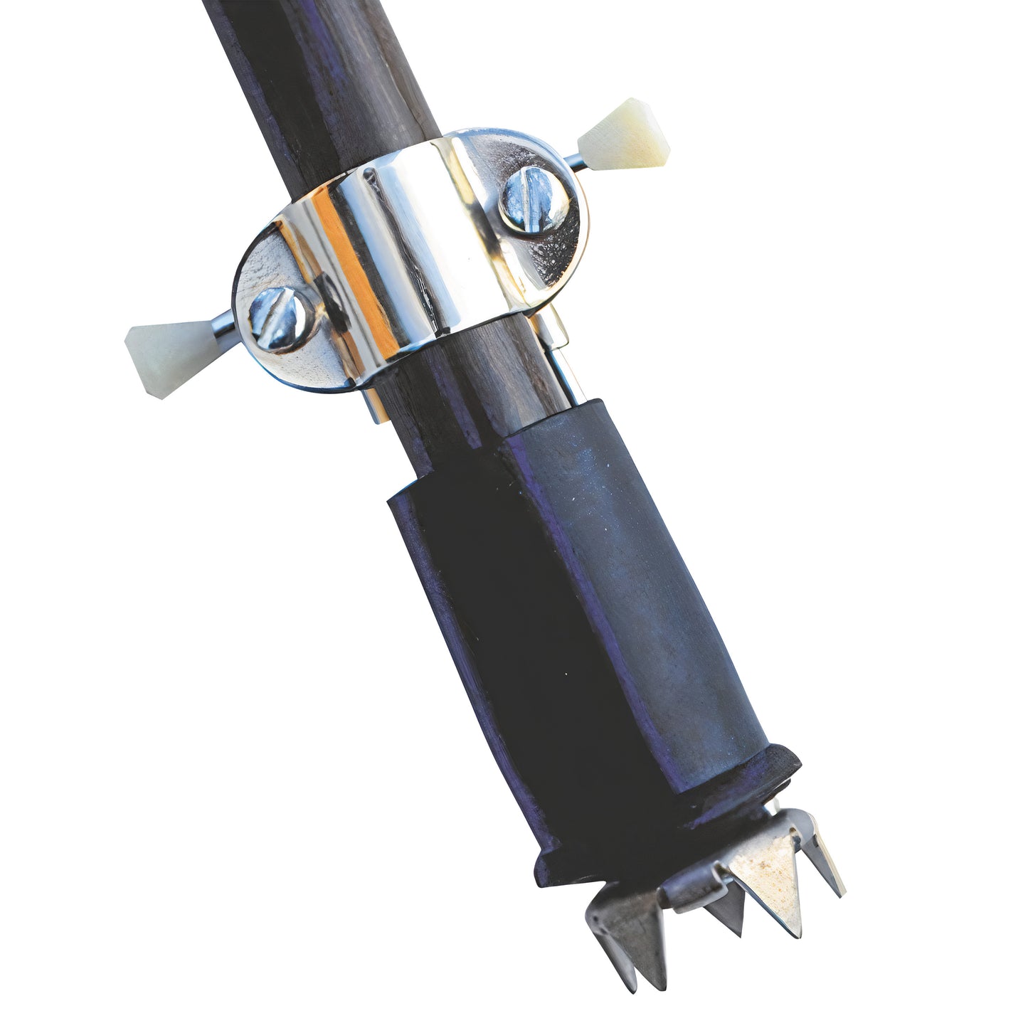 A metal Ice Grip attached to the end of a walking stick, featuring sharp spikes for stability on icy surfaces.