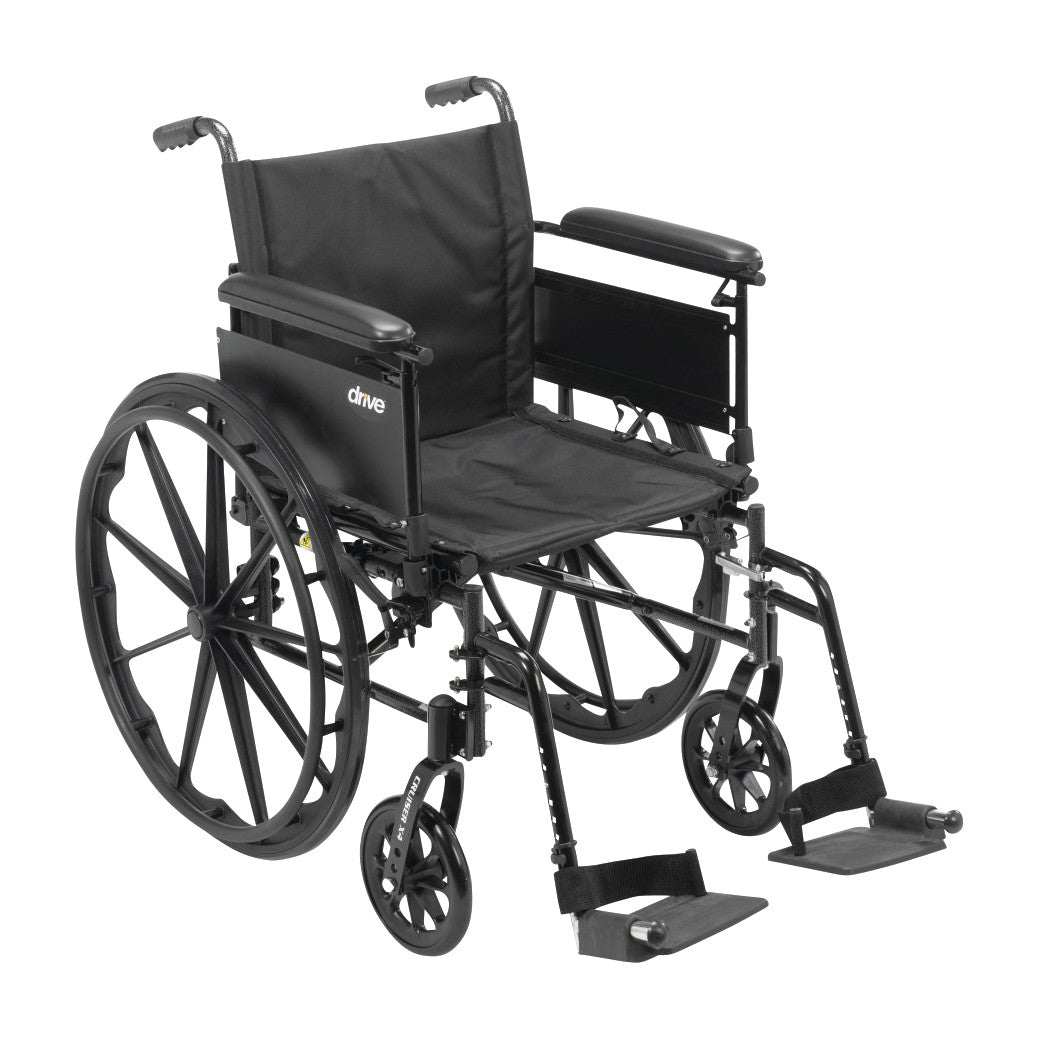 Drive Medical Cruiser X4 Wheelchair with full arms and swing-away footrests, featuring a black seat and large rear wheels.