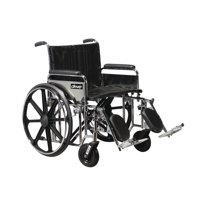 Drive Medical Sentra EC Heavy-Duty Wheelchair with full arms, elevating leg rests, large rear wheels, and sturdy metal frame.