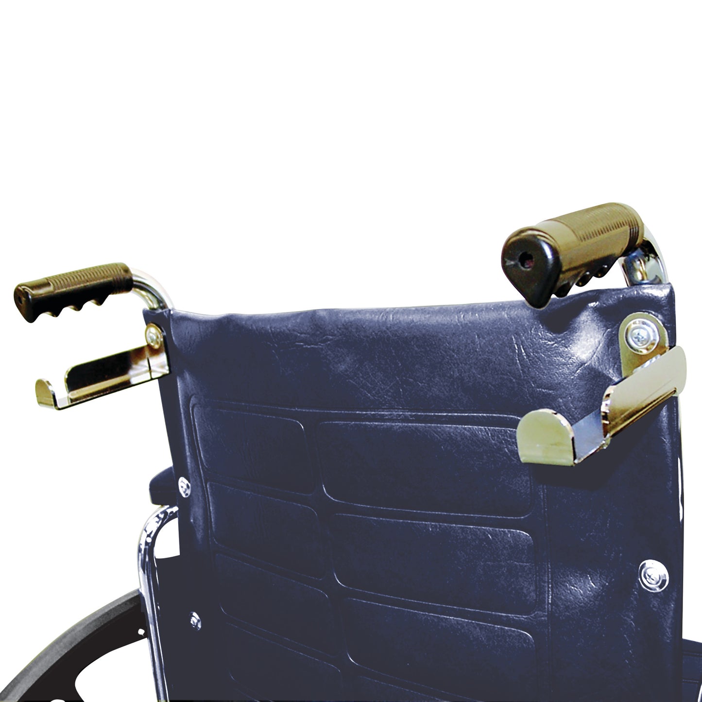 A wheelchair's backrest features an Oxygen Tank Bracket with protective grips, designed to securely hold an oxygen tank.
