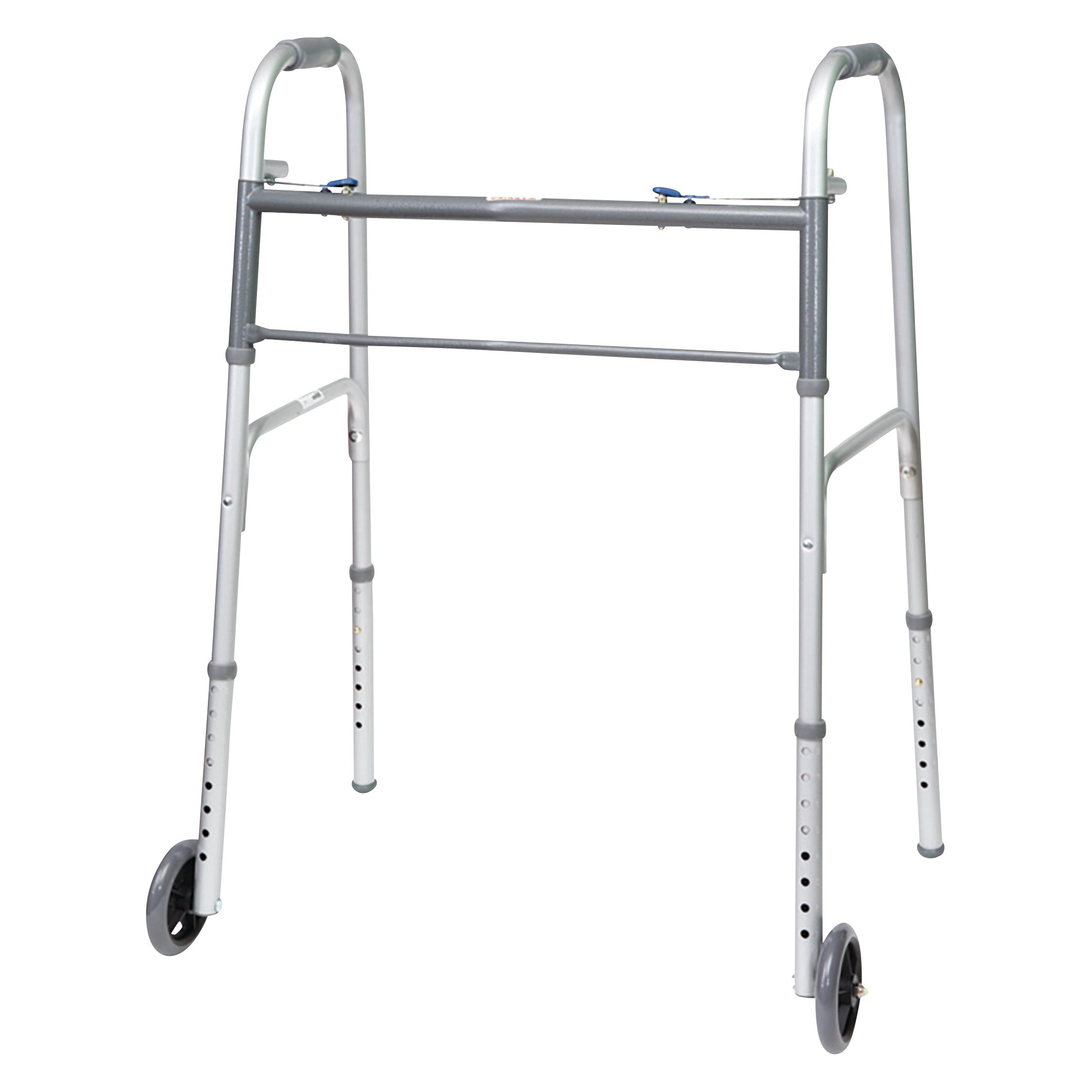 A Two-Button Release Folding Junior Walker with two wheels and adjustable legs for mobility assistance.