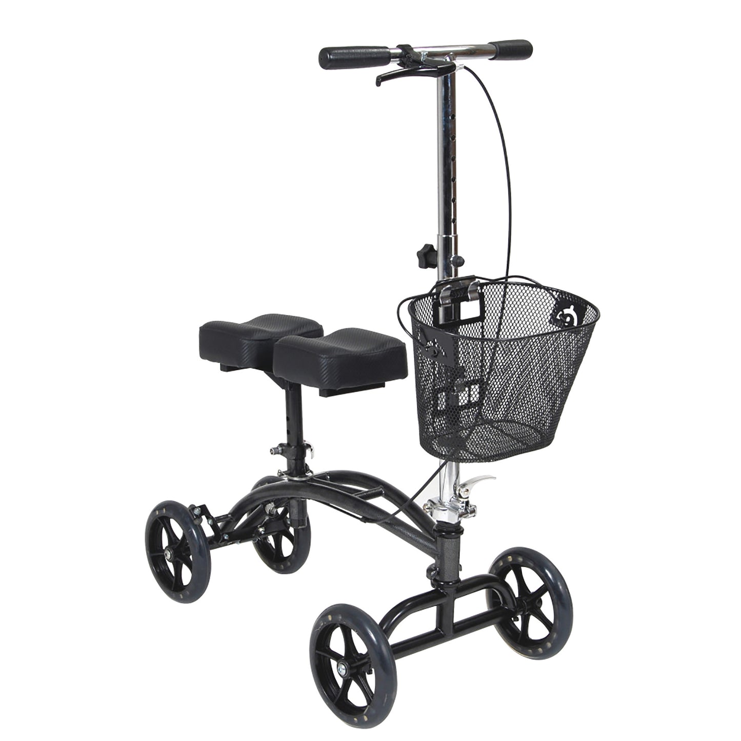 Drive Medical Steerable Knee Walker with a metal basket, four wheels, and a padded knee rest, designed for mobility.