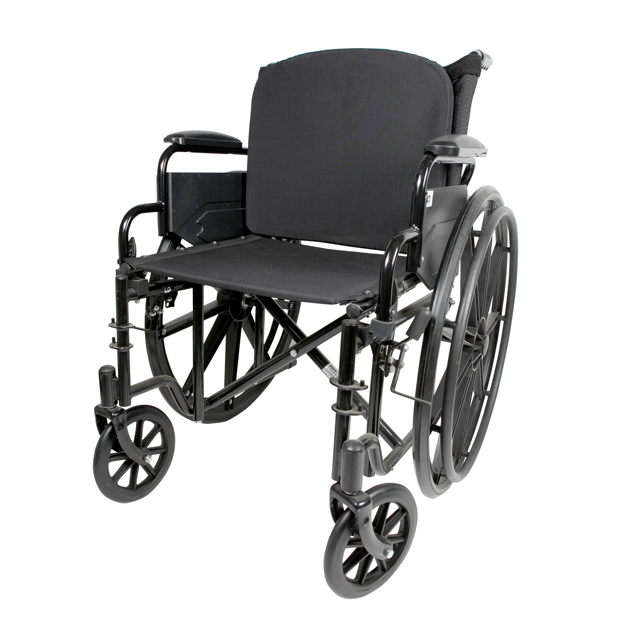 A black wheelchair with the Protekt Adjustable Tension Back, featuring large rear wheels and smaller front wheels.