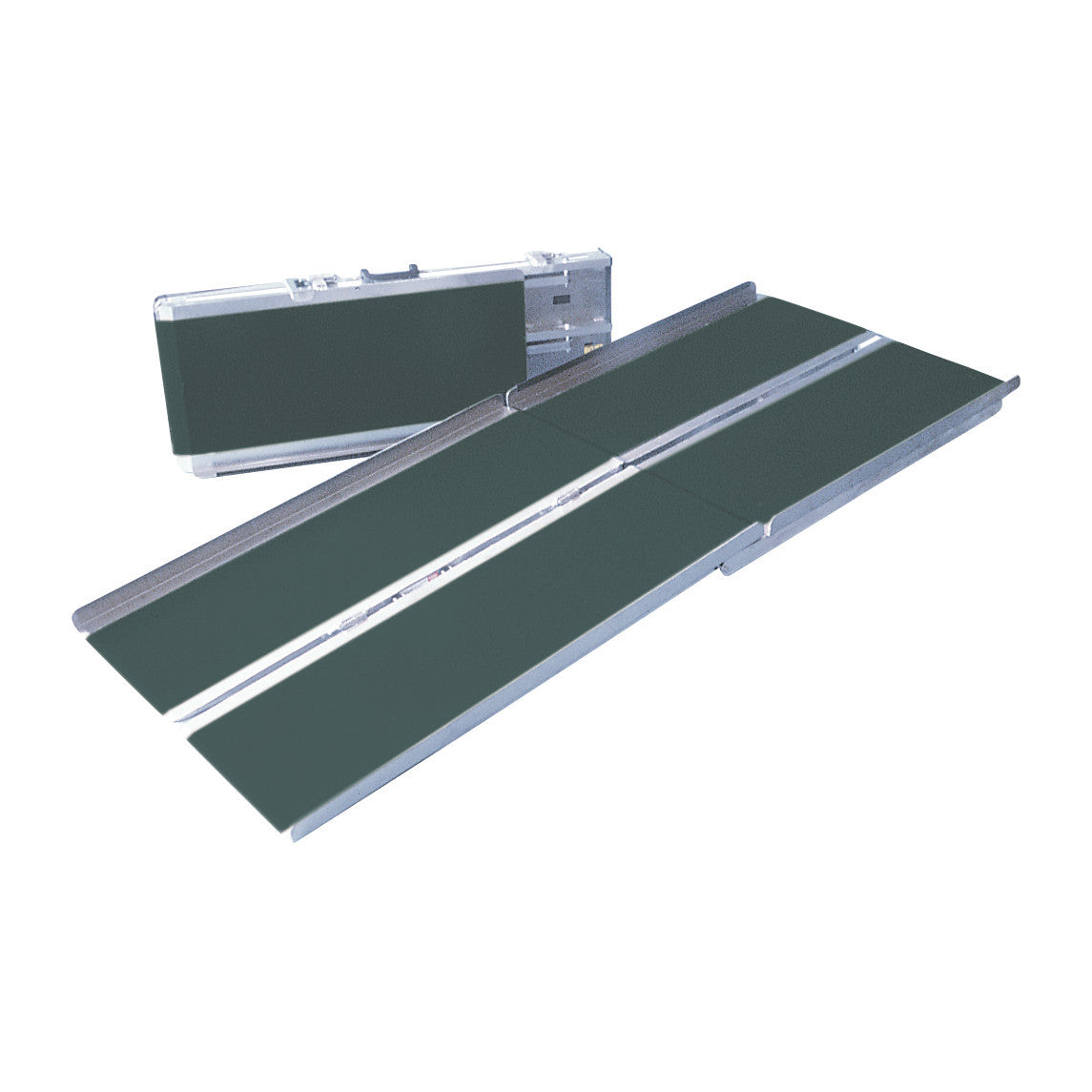 The PVI Multi-Fold Wheelchair Ramp is unfolded beside its compact, folded version, showcasing its portable design.