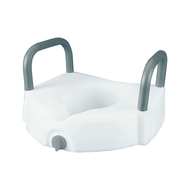 Lumex Raised Toilet Seat with Armrests features a white seat and gray handles for added stability and comfort.