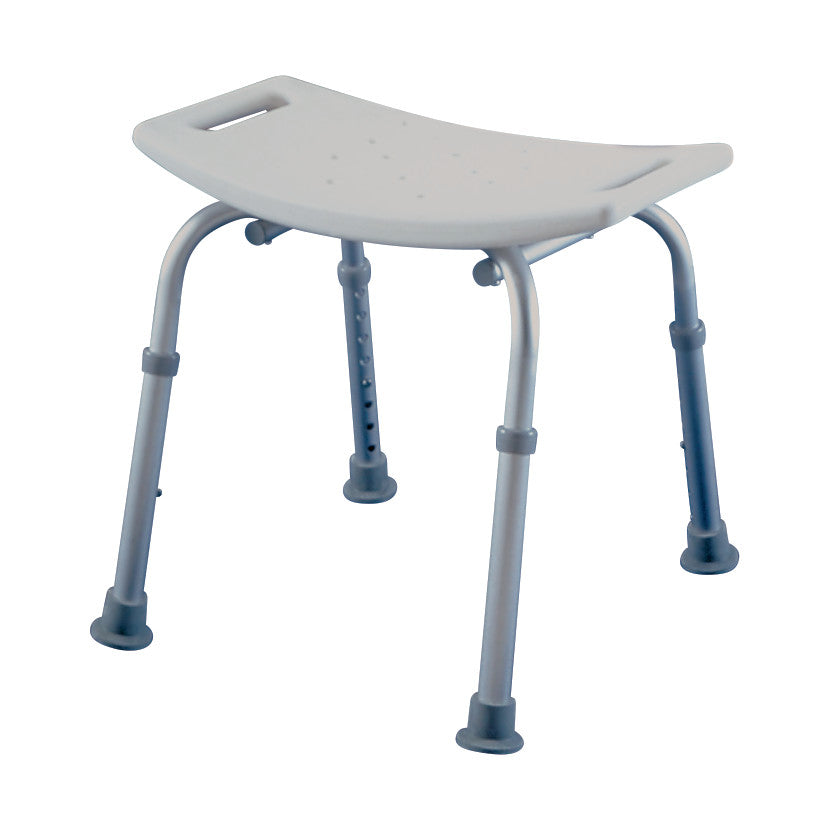 A gray shower bench with a curved seat, drain holes, and adjustable legs. It has a handle on one side for support.