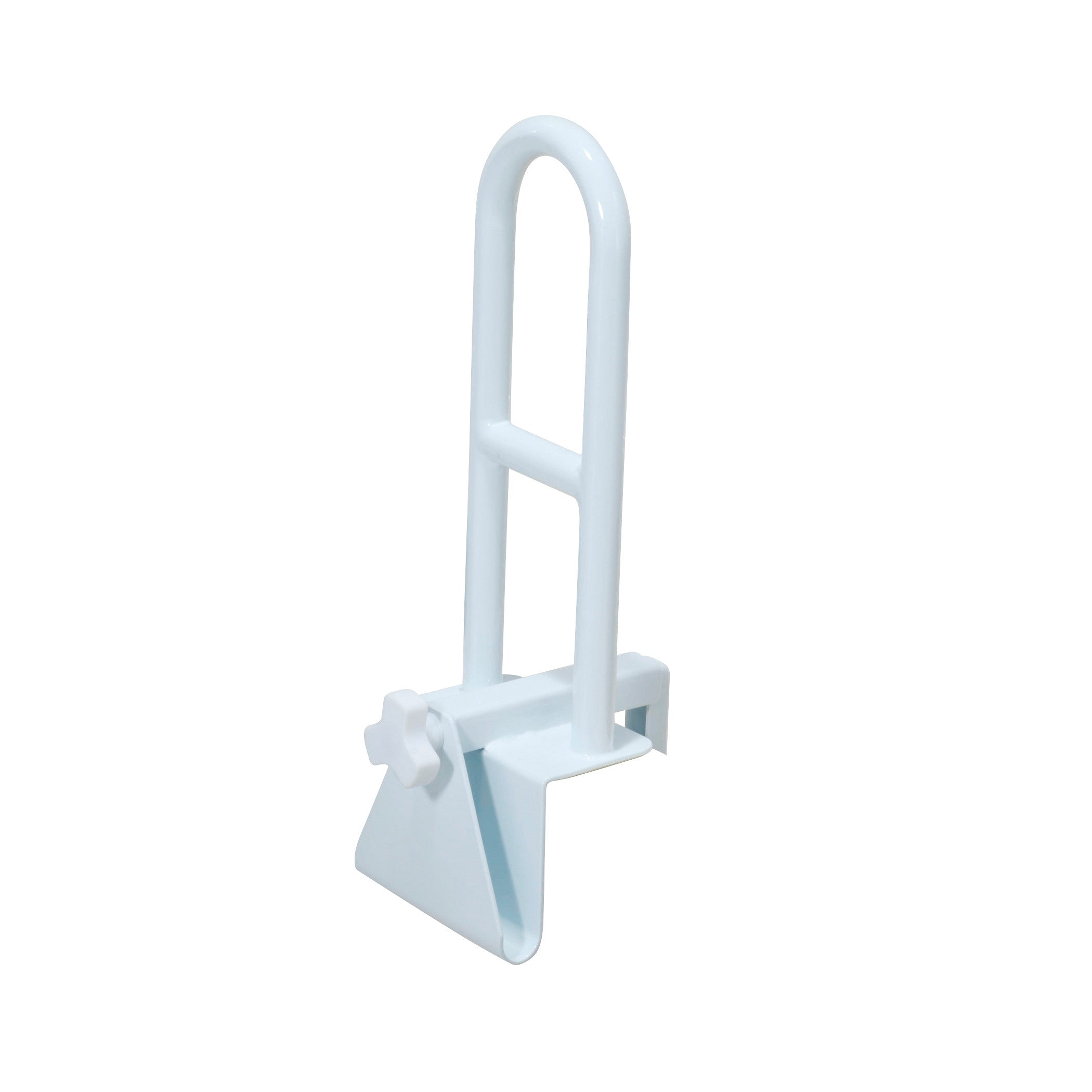 The Drive Medical Clamp-On Tub Rail is a white safety handle designed to attach securely to a bathtub for added stability.