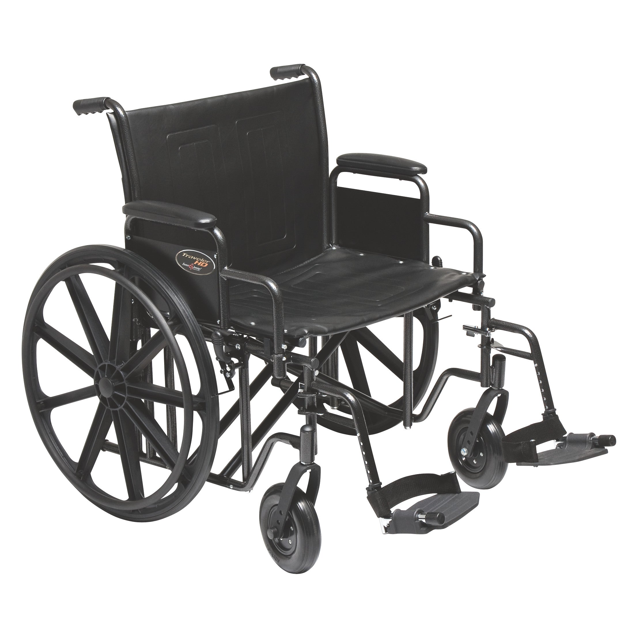 This is an Everest & Jennings Traveler HD Wheelchair with removable desk arms and elevating leg rests, featuring a black seat.