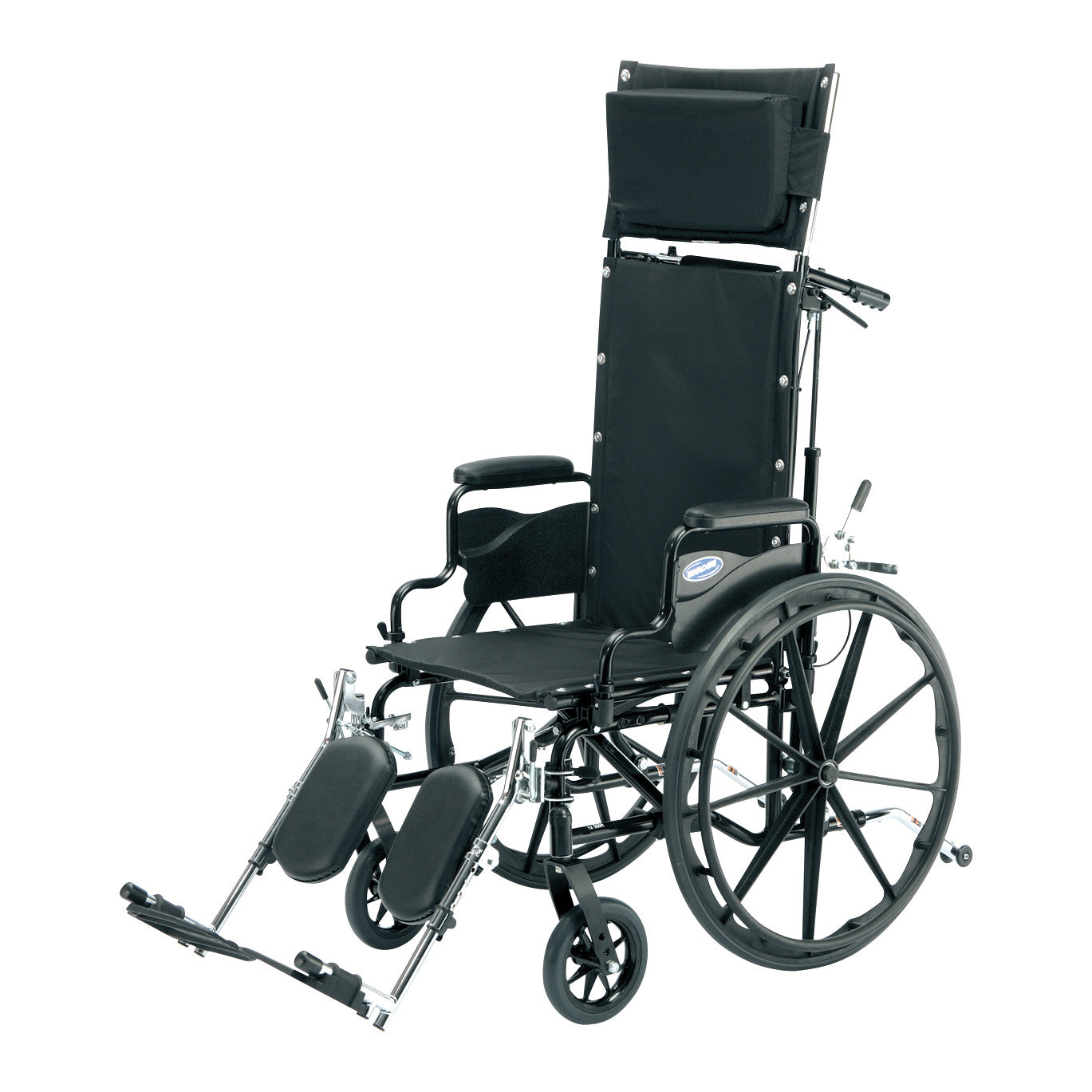 The Invacare 9000XT Full Recliner Wheelchair features fixed full arms and swing-away footrests, designed for comfort and mobility.
