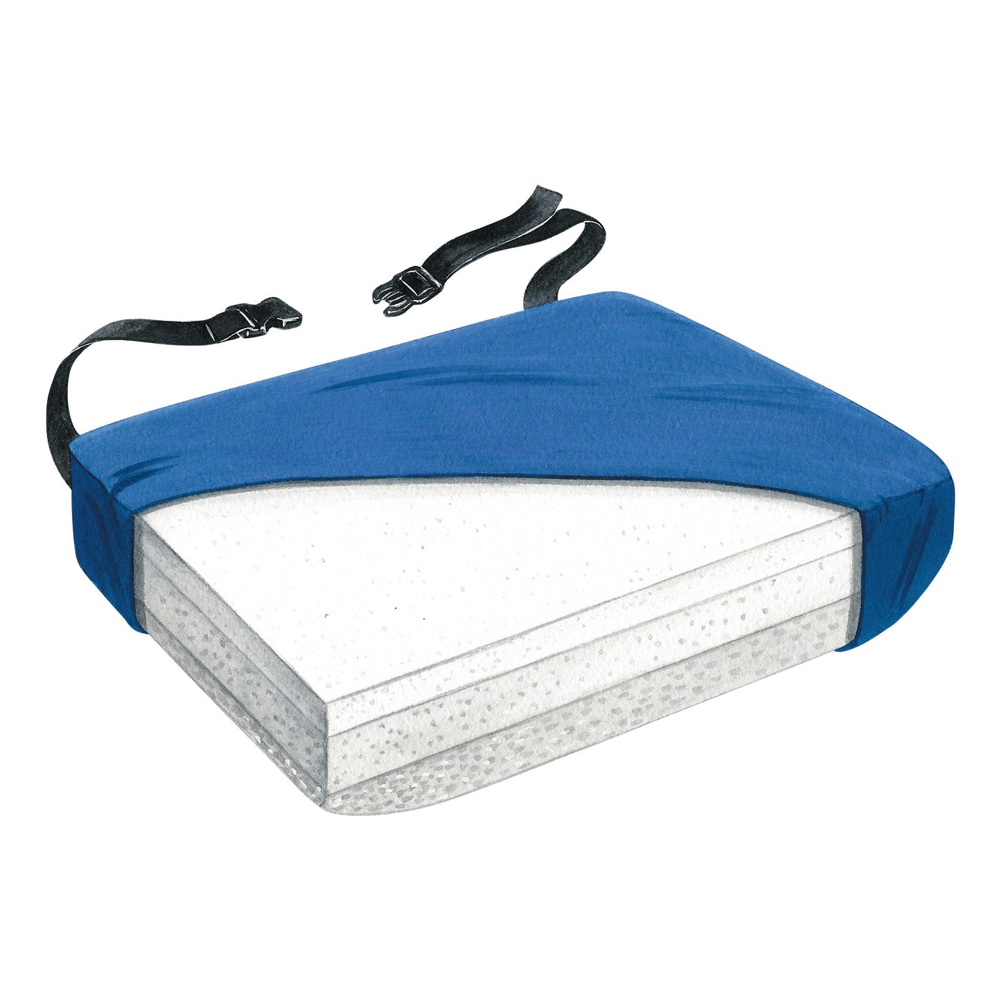 The SkiL-Care Bari-Foam Bariatric Wheelchair Cushion is shown with a blue cover and adjustable straps, revealing white foam inside.