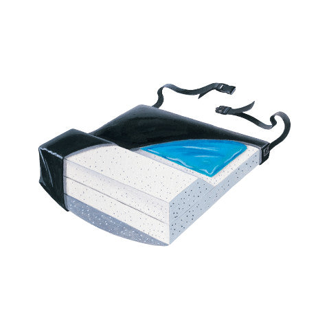 The SkiL-Care Gel-Foam Anti-Thrust Wheelchair Cushion with Firm Base is displayed with black straps and blue foam for support.