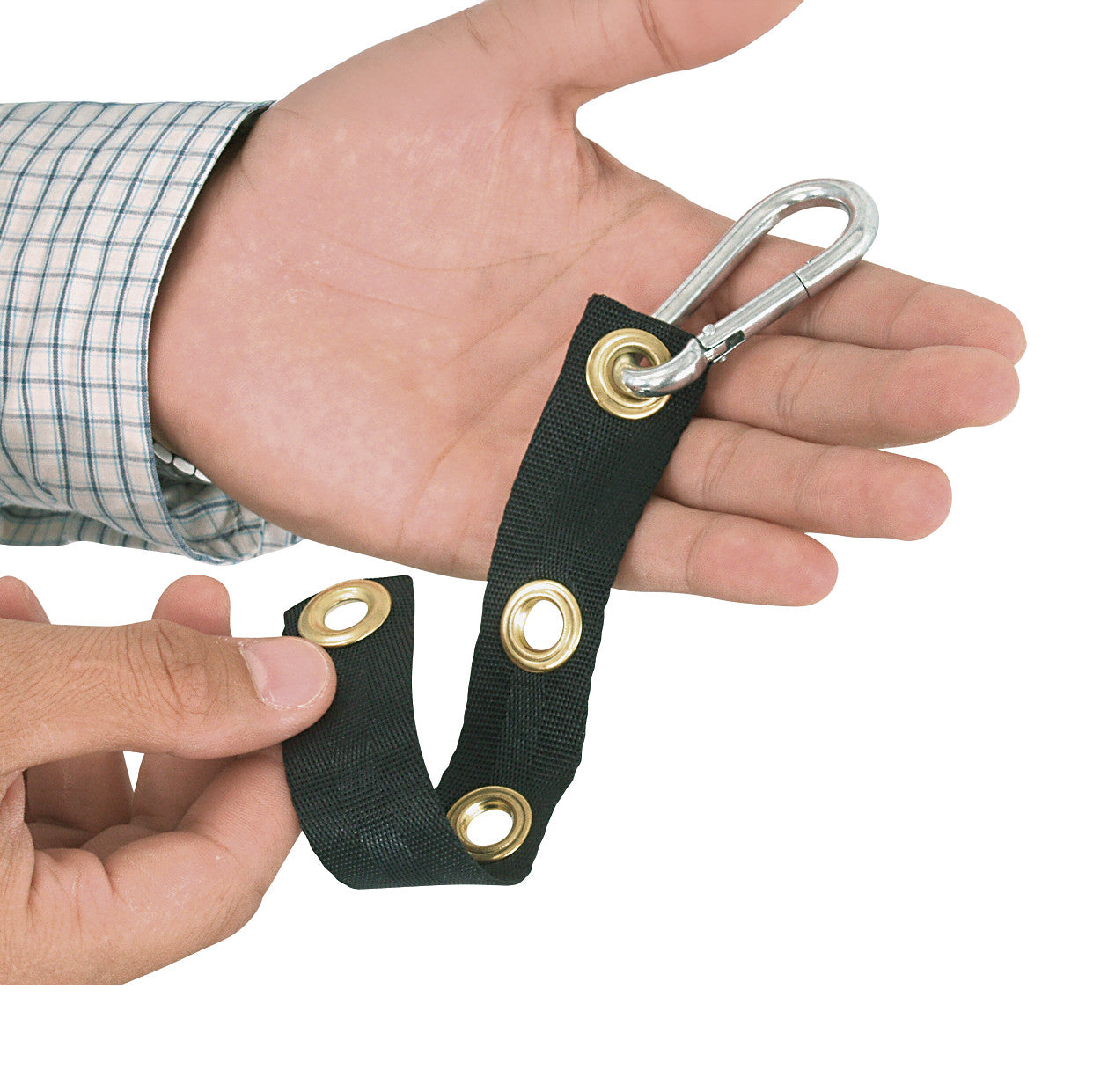 A person holds the AliMed UniLoop Seatbelt Attachment, featuring a black strap with metal grommets and a silver carabiner clip.