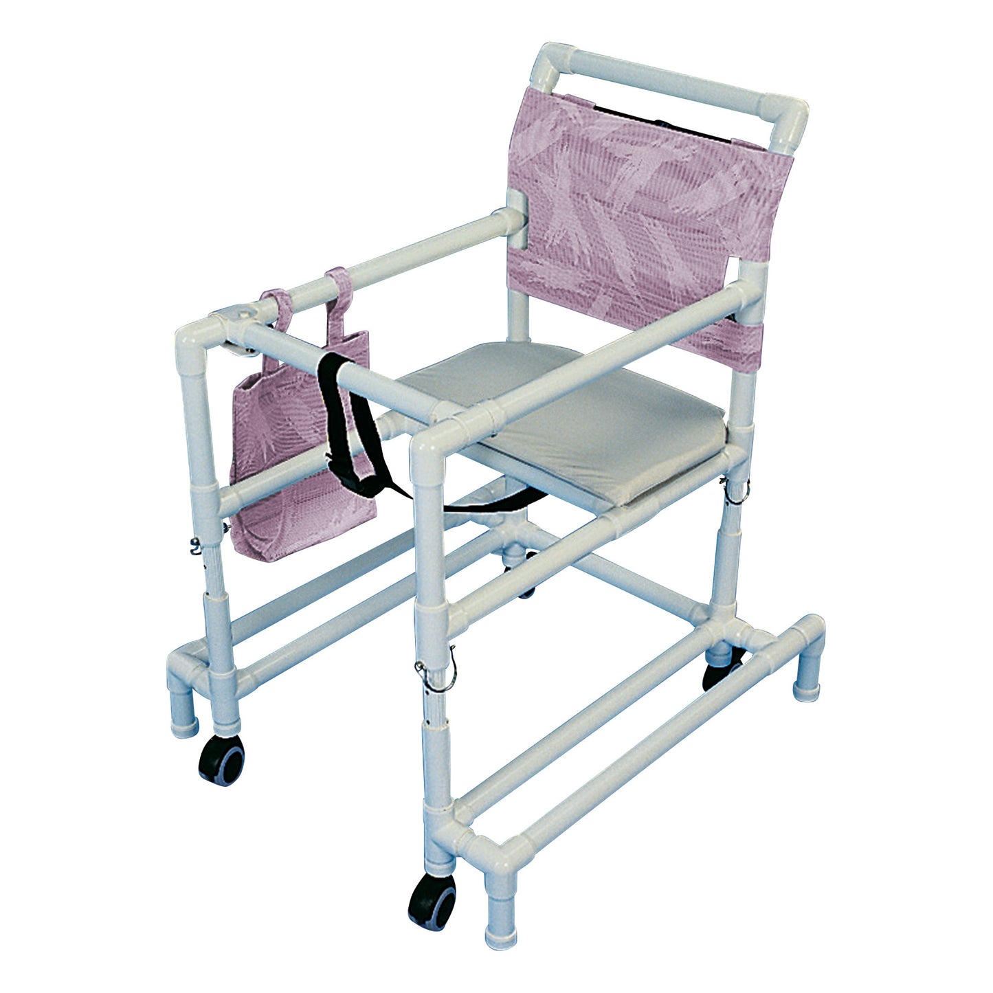 Millennium Walker with a white PVC frame and purple fabric, featuring a cushioned seat, four wheels, and an attached accessory bag.