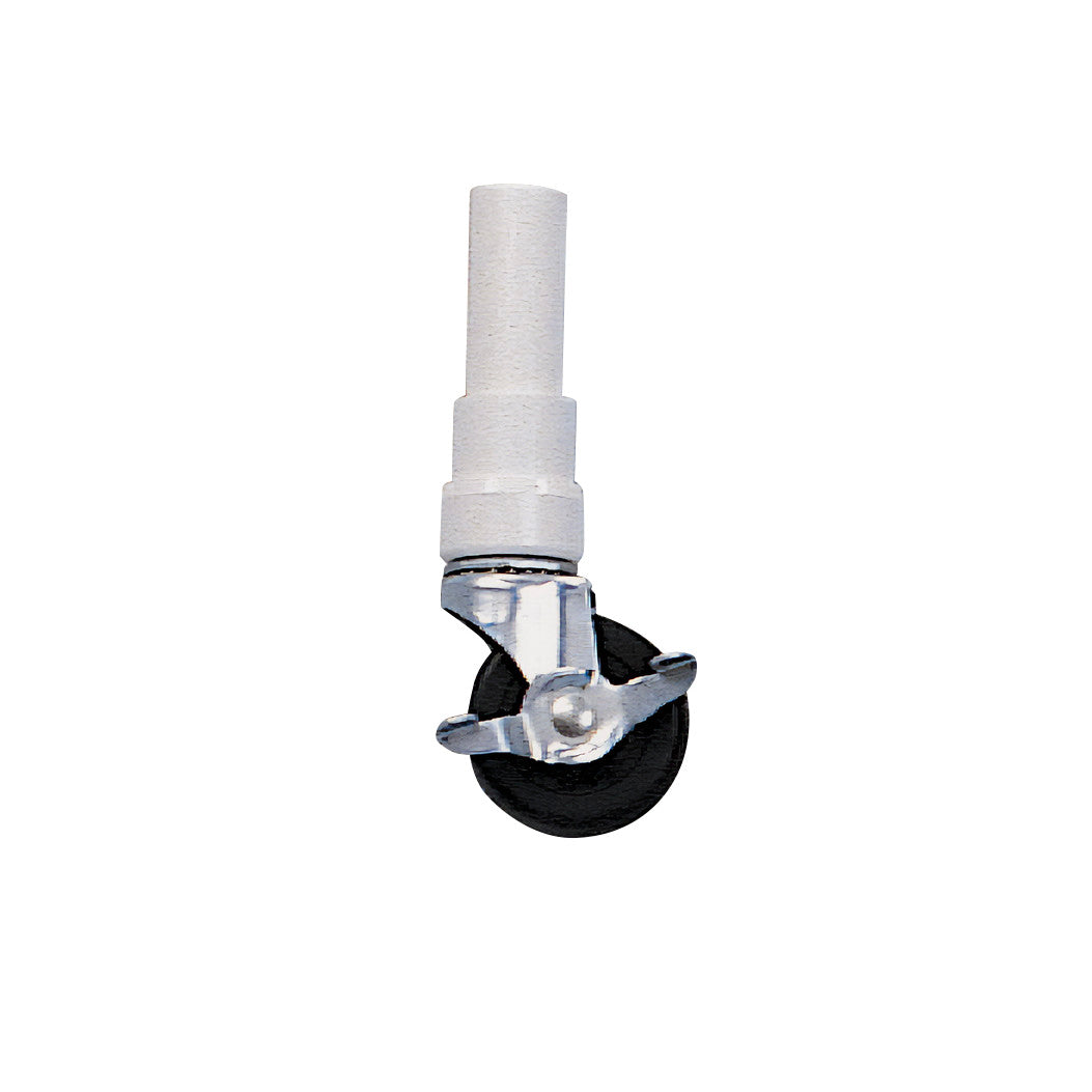 A single wheel from the Replacement Caster Set for Healthline PVC Shower Commode Chairs, featuring a black wheel and white stem.