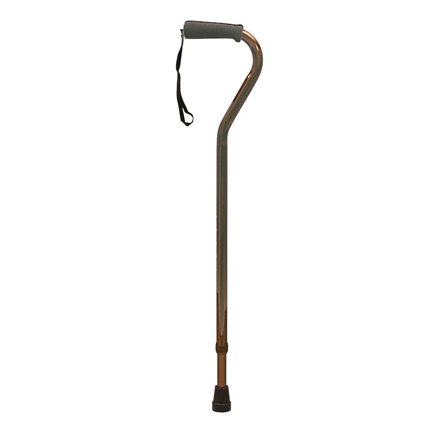 An Offset Cane with a curved handle and gray grip. It features a black wrist strap and a rubber tip for stability.