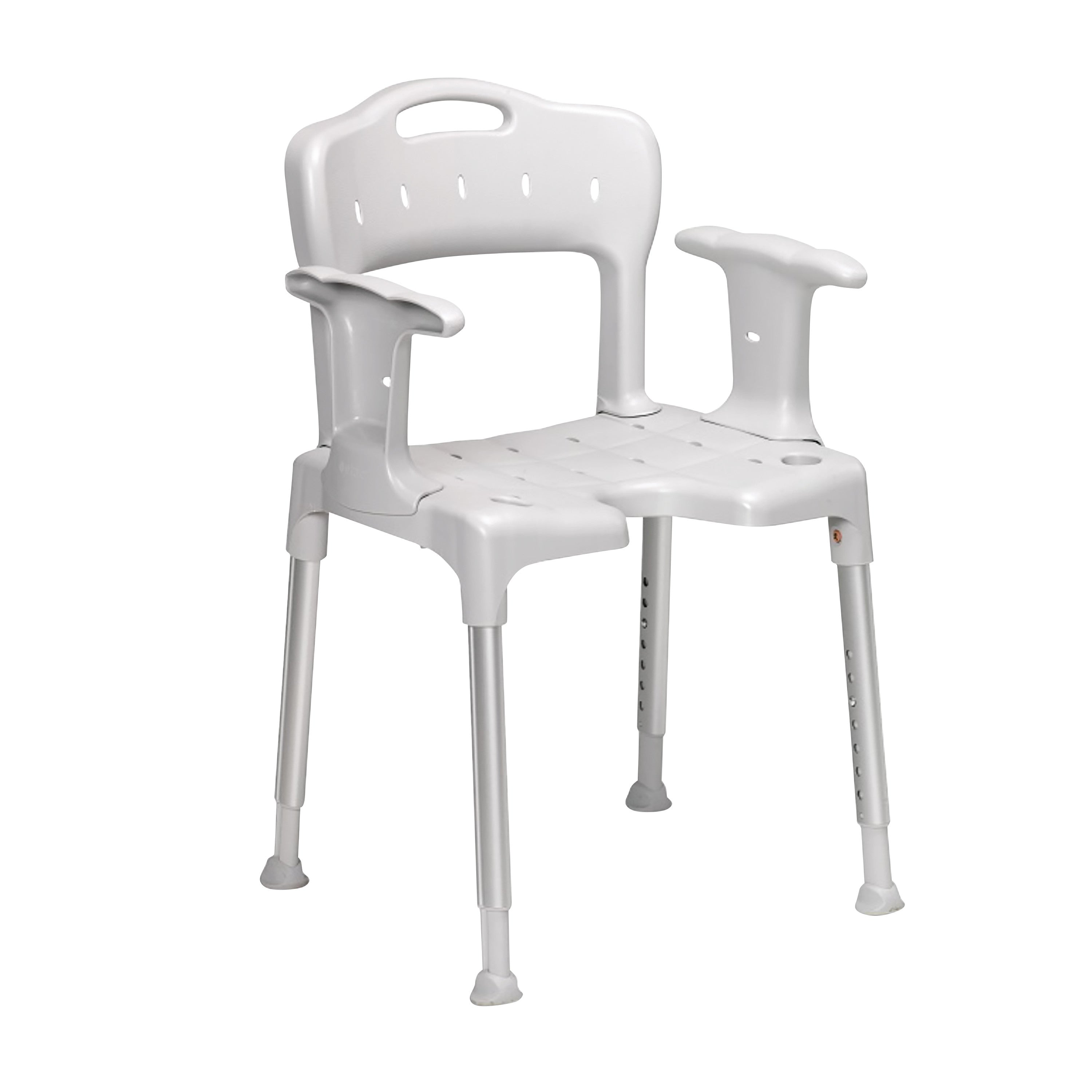ETAC Swift Shower Chair, shown in white with armrests and adjustable legs, designed for stability and comfort.