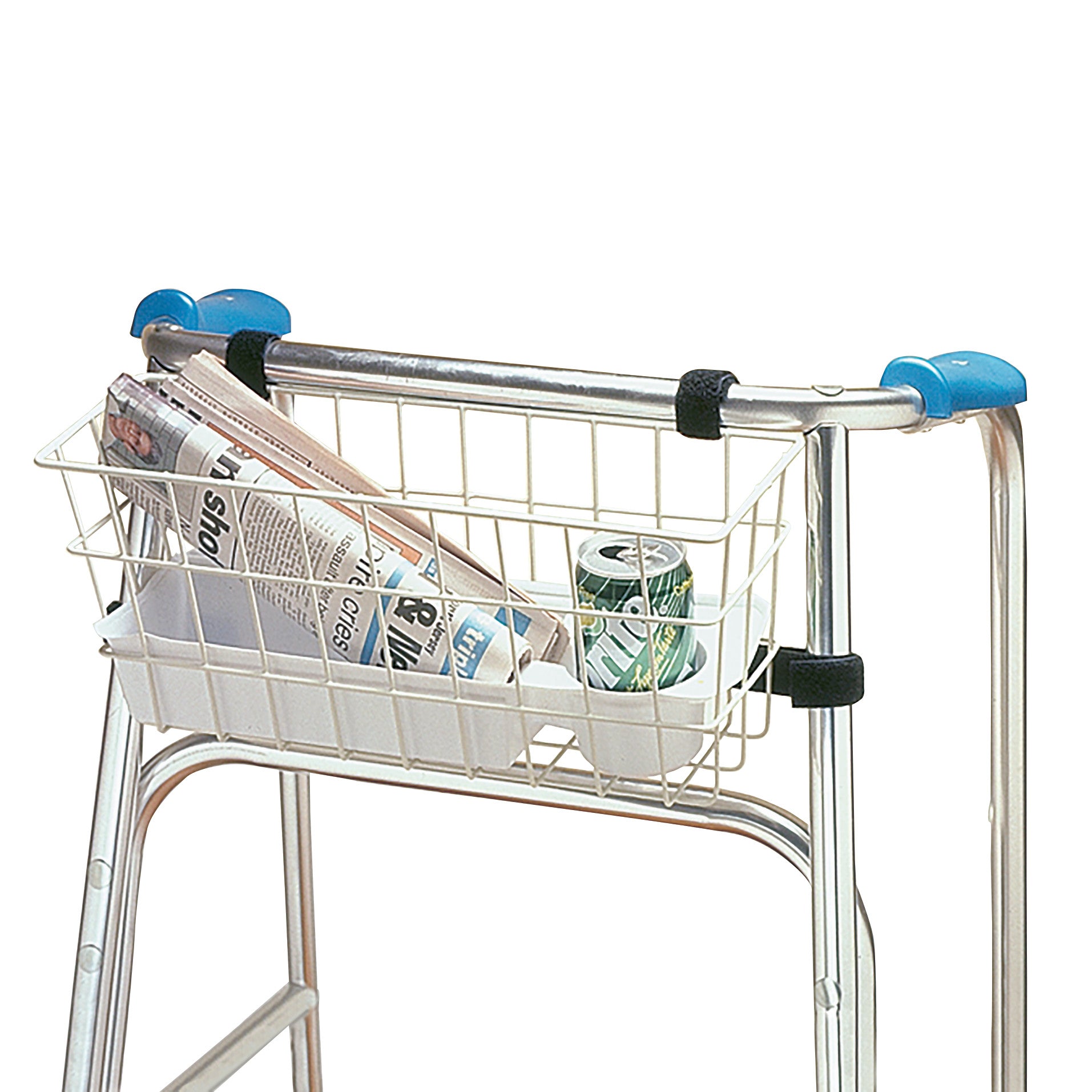 A "Walker Basket" attached to a walker, holding newspapers and a canned drink, with blue grip handles on the walker.