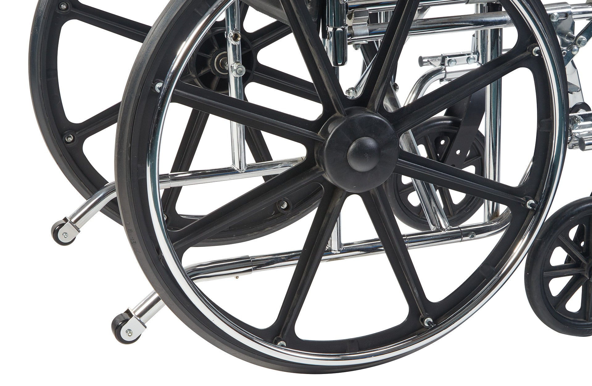 Close-up of a wheelchair's large black wheels with the AliMed Rear Anti-Tipper system attached, featuring small supporting wheels.