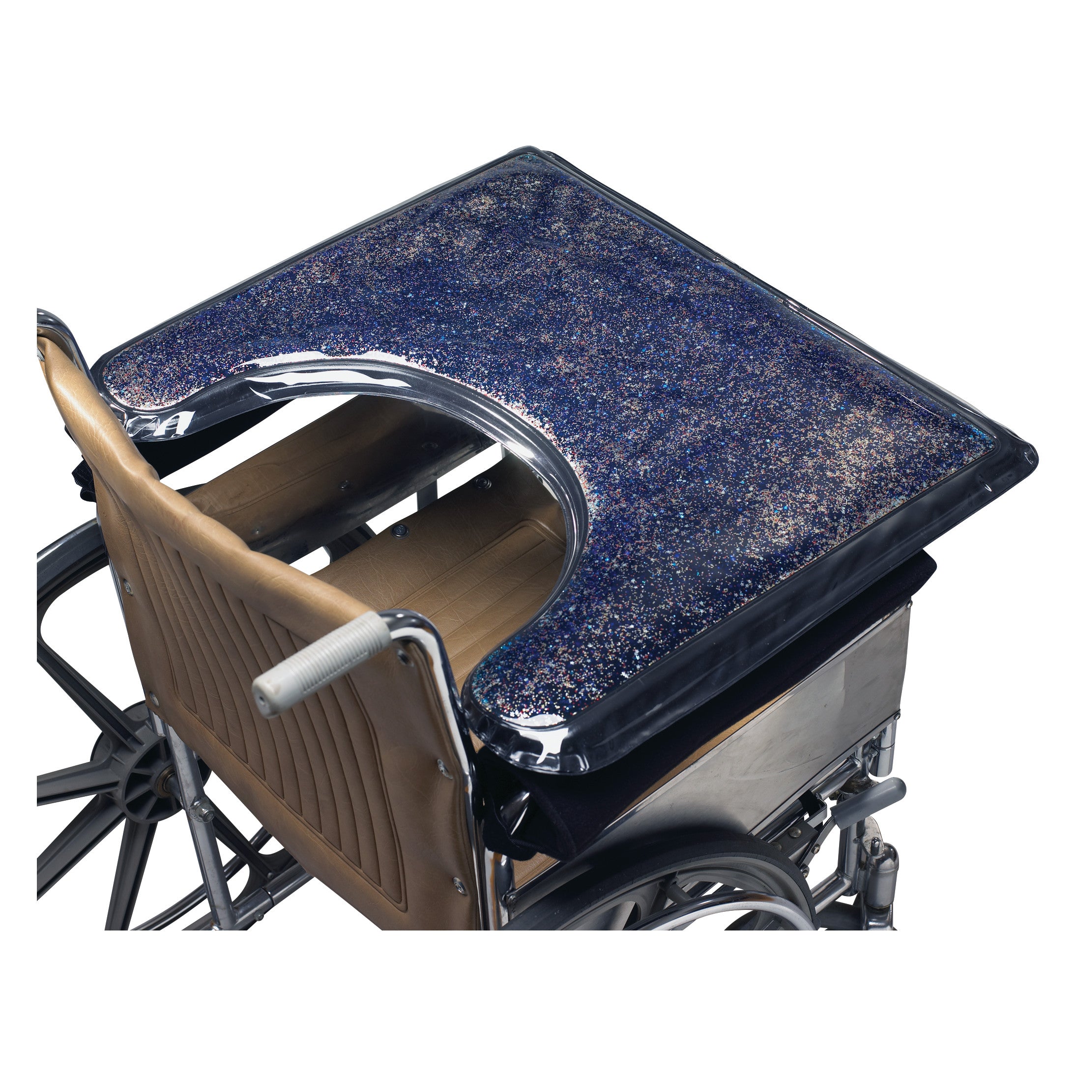 The SkiL-Care Gel-Top Sensory Stimulation Tray is a colorful, textured tray for wheelchairs, to enhance sensory interaction.