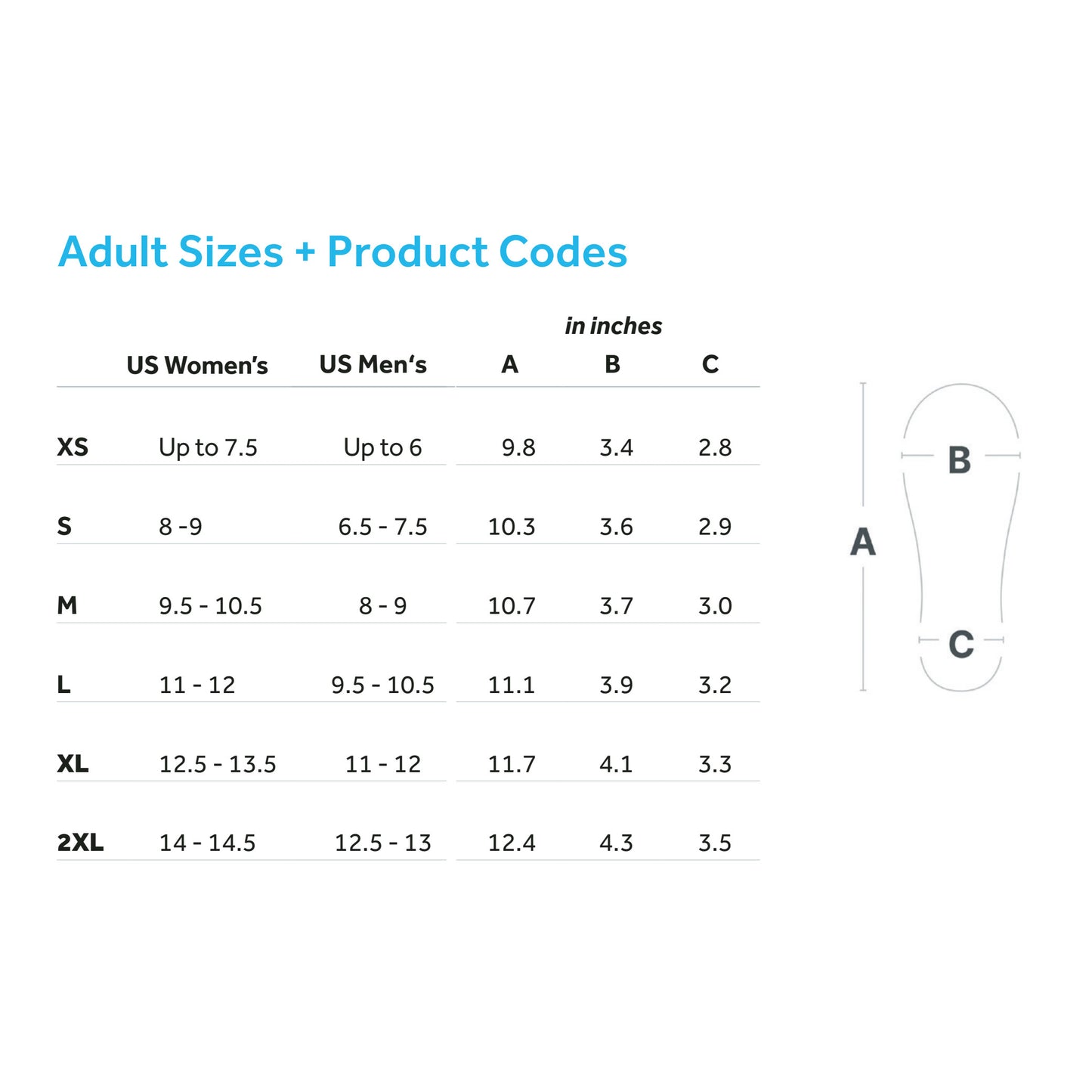 Size chart for DARCO AllRound Shoe with measurements in inches for US Women's, US Men's, sizes XS to 2XL, and SKU numbers.