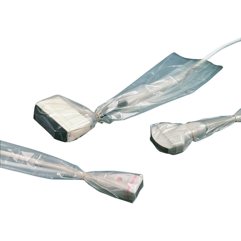 Three ultrasound probes are covered with the CIVCO CIV-Flex Sterile Flat-Folded General Purpose Ultrasound Probe Cover Kit.