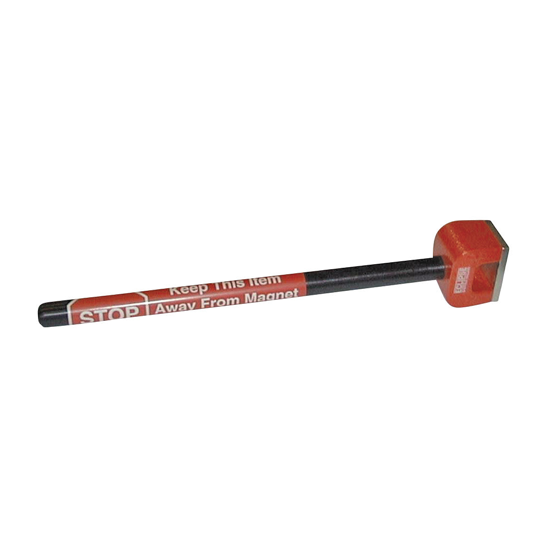 MRI Test Magnet Hand Held >=1000 Gauss with a red and black handle, featuring a warning to keep away from magnets.