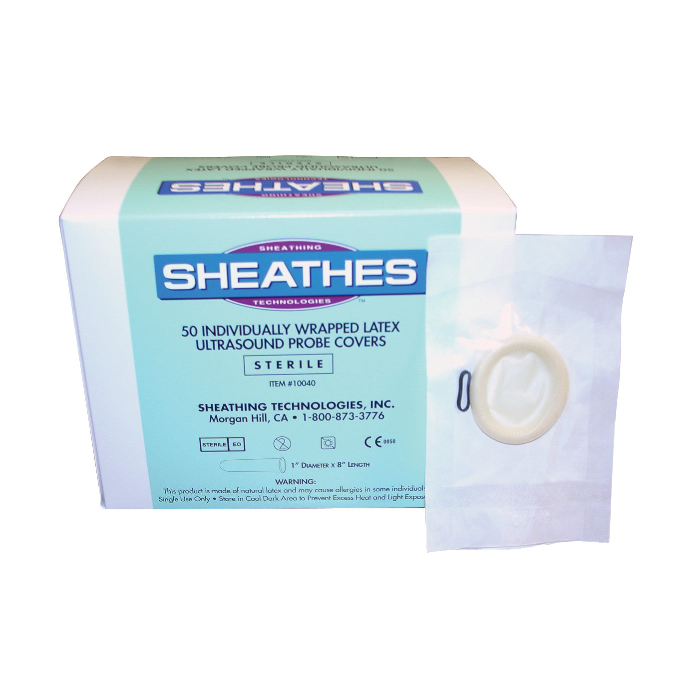 A box of Sheathes Rolled Latex Ultrasound Probe Covers with one individually wrapped cover displayed on the right side.