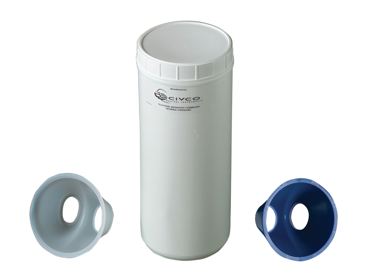 CIVCO Endocavity Transducer Soaking Cup Replacement Kit with a tall cylindrical container and two conical inserts, one gray and one blue.
