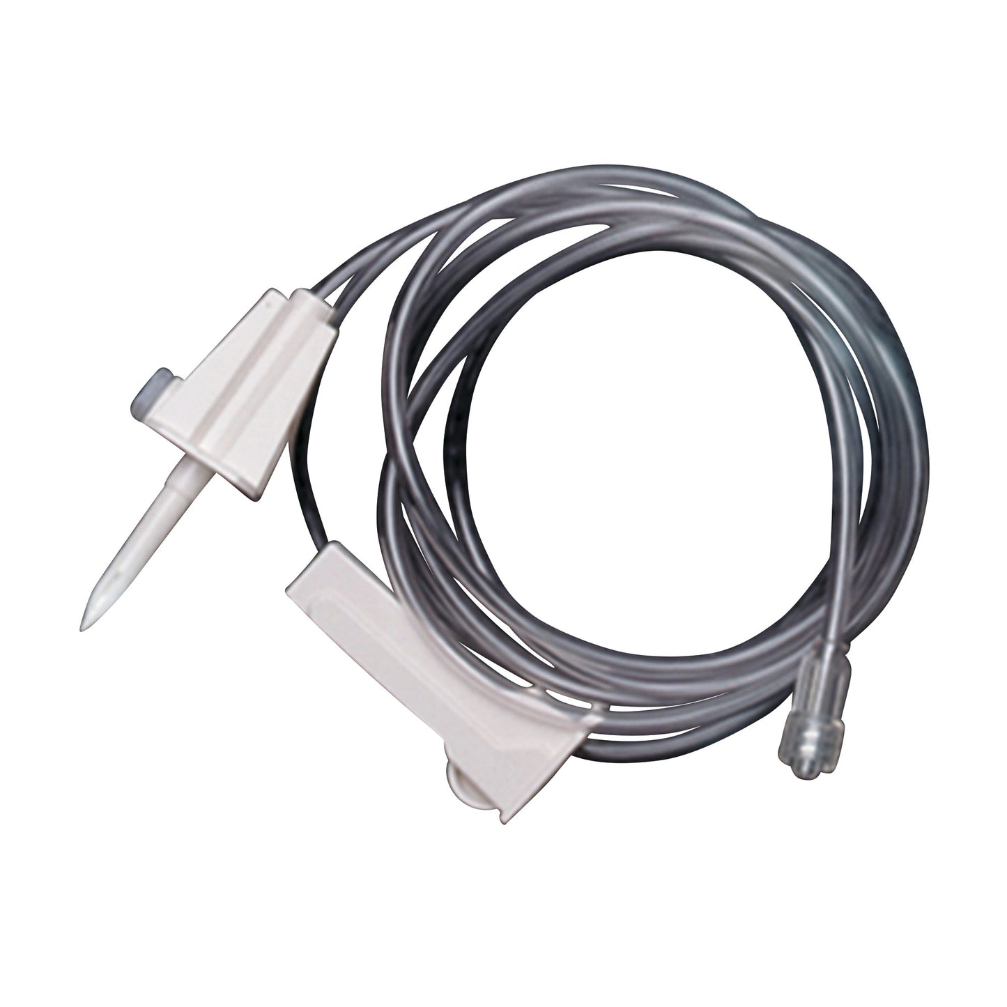 The DeRoyal Contrast Administration Set features a coiled tube with a spike and a clamp, designed for medical contrast delivery.