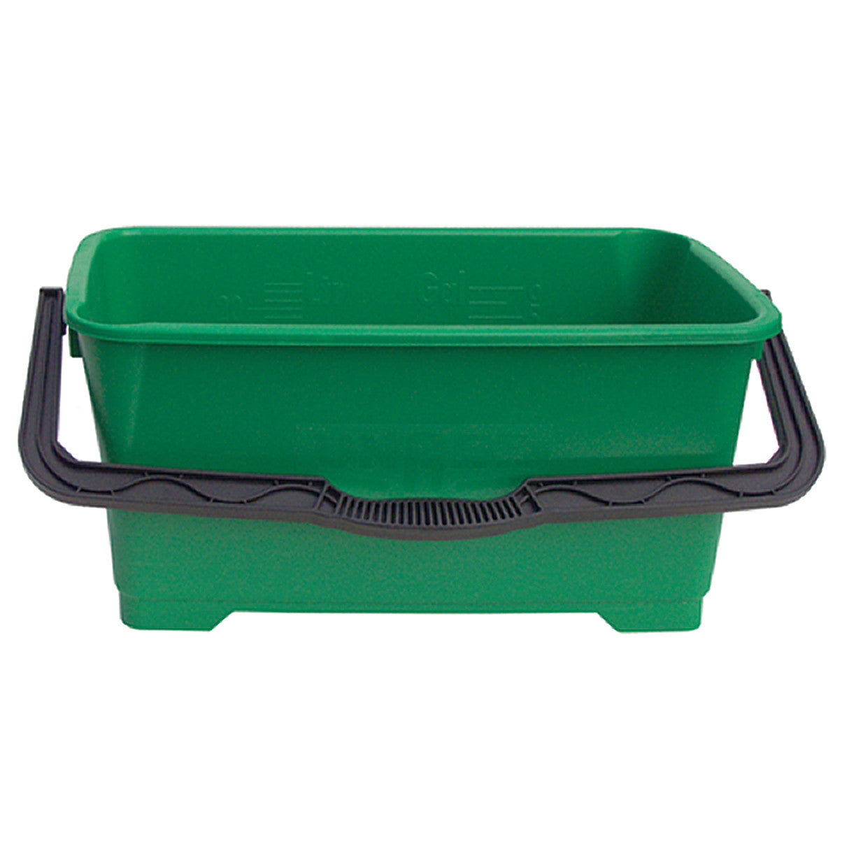 Green MRI-Safe Heavy-Duty Bucket with a black handle. It has a rectangular shape and is designed for durability and strength.