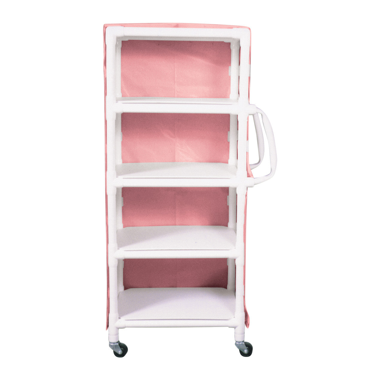 The MRI 4-Shelf PVC Linen Cart with Cover features four white shelves, a pink fabric cover, and caster wheels for easy mobility.