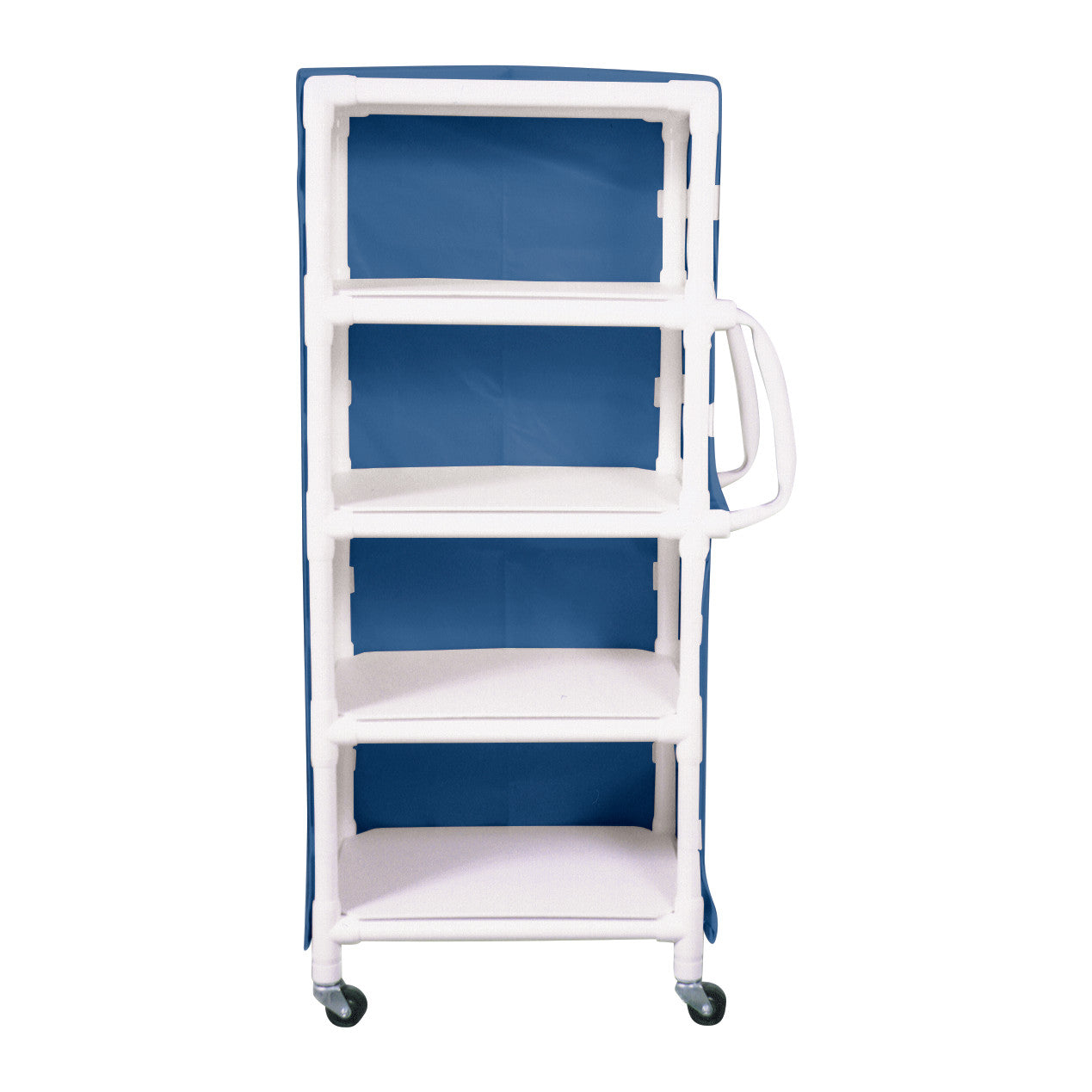 The MRI 4-Shelf PVC Linen Cart with Cover features four white shelves, a blue cover, and wheels for mobility.